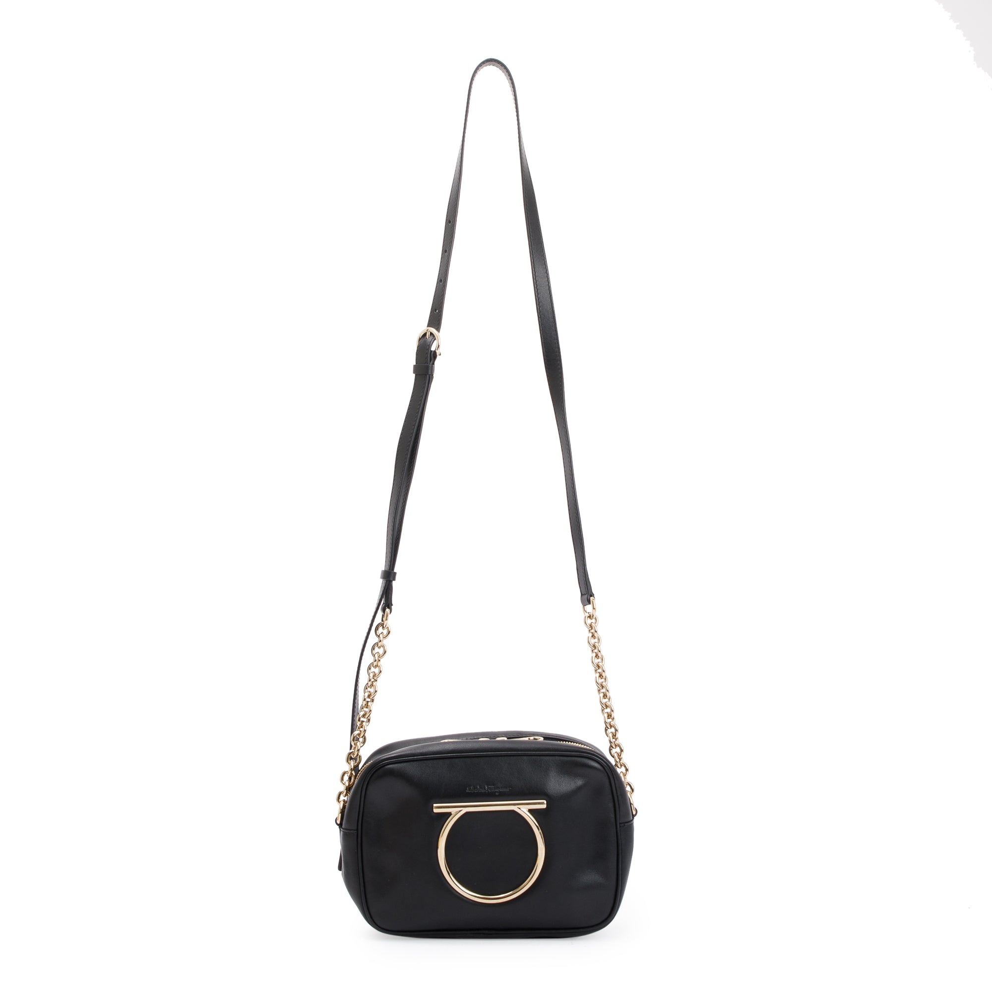 Ferragamo Black Calfskin Leather Gancio Vela Camera Crossbody Bag
