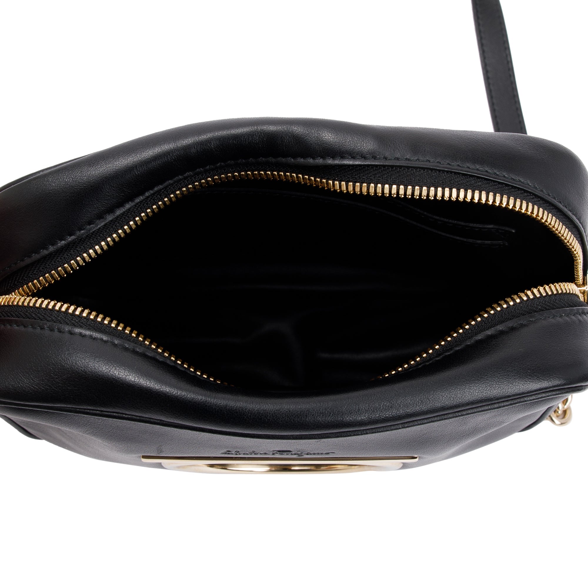 Ferragamo Black Calfskin Leather Gancio Vela Camera Crossbody Bag