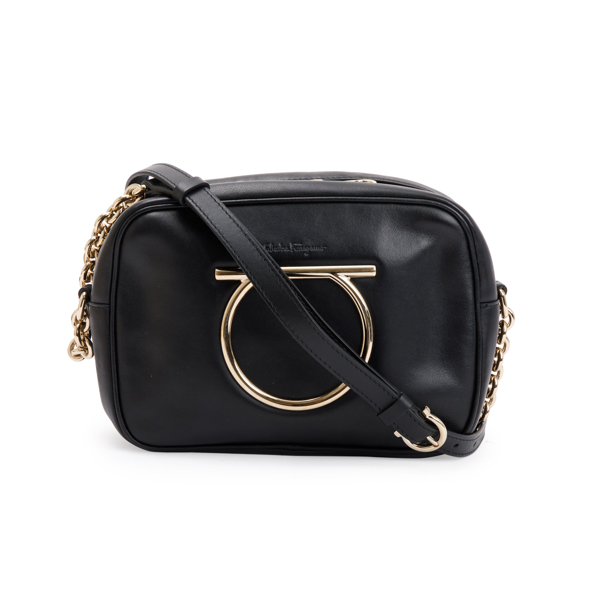 Ferragamo Black Calfskin Leather Gancio Vela Camera Crossbody Bag