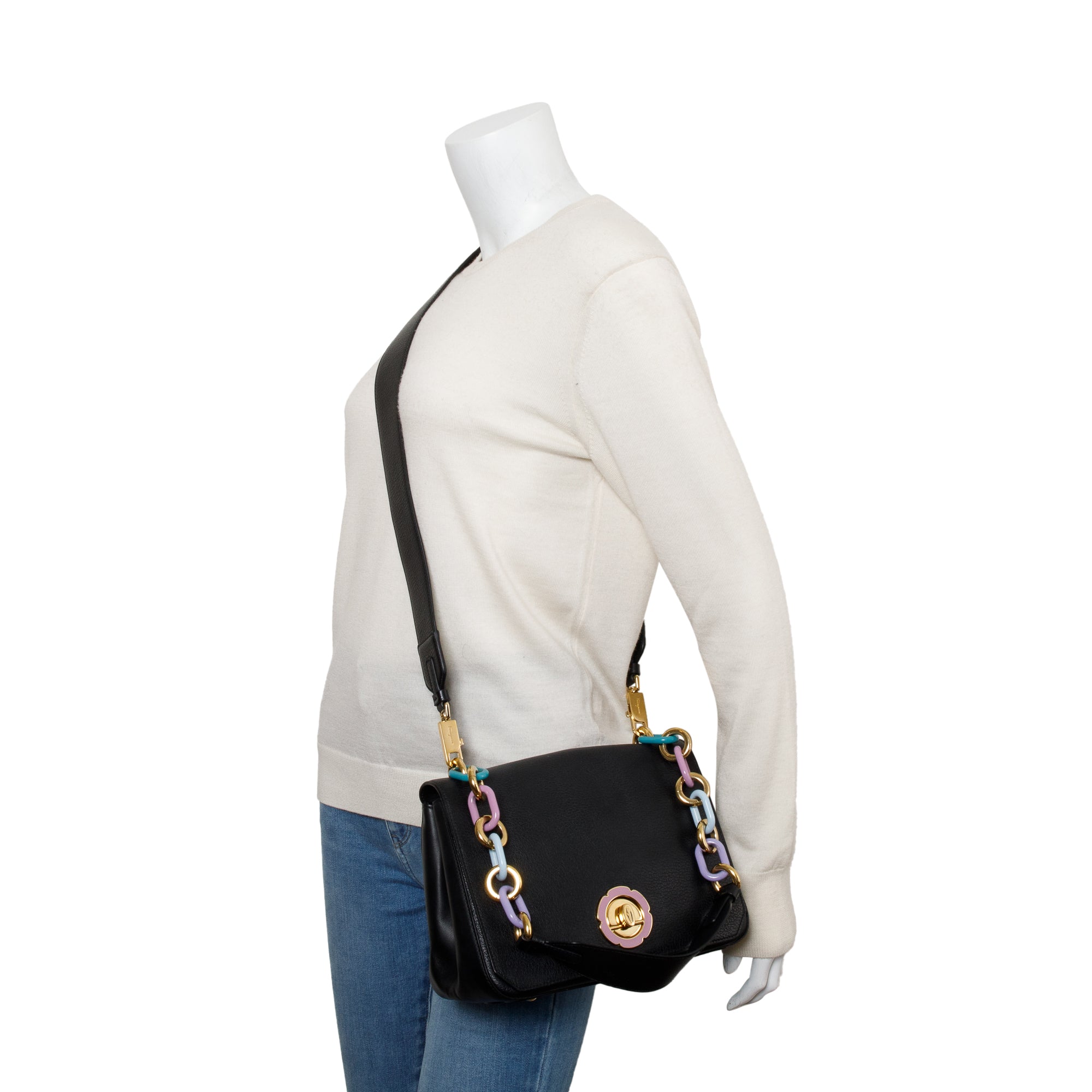 Ferragamo Black Calfskin Leather Lexi Shoulder Bag w/ Strap