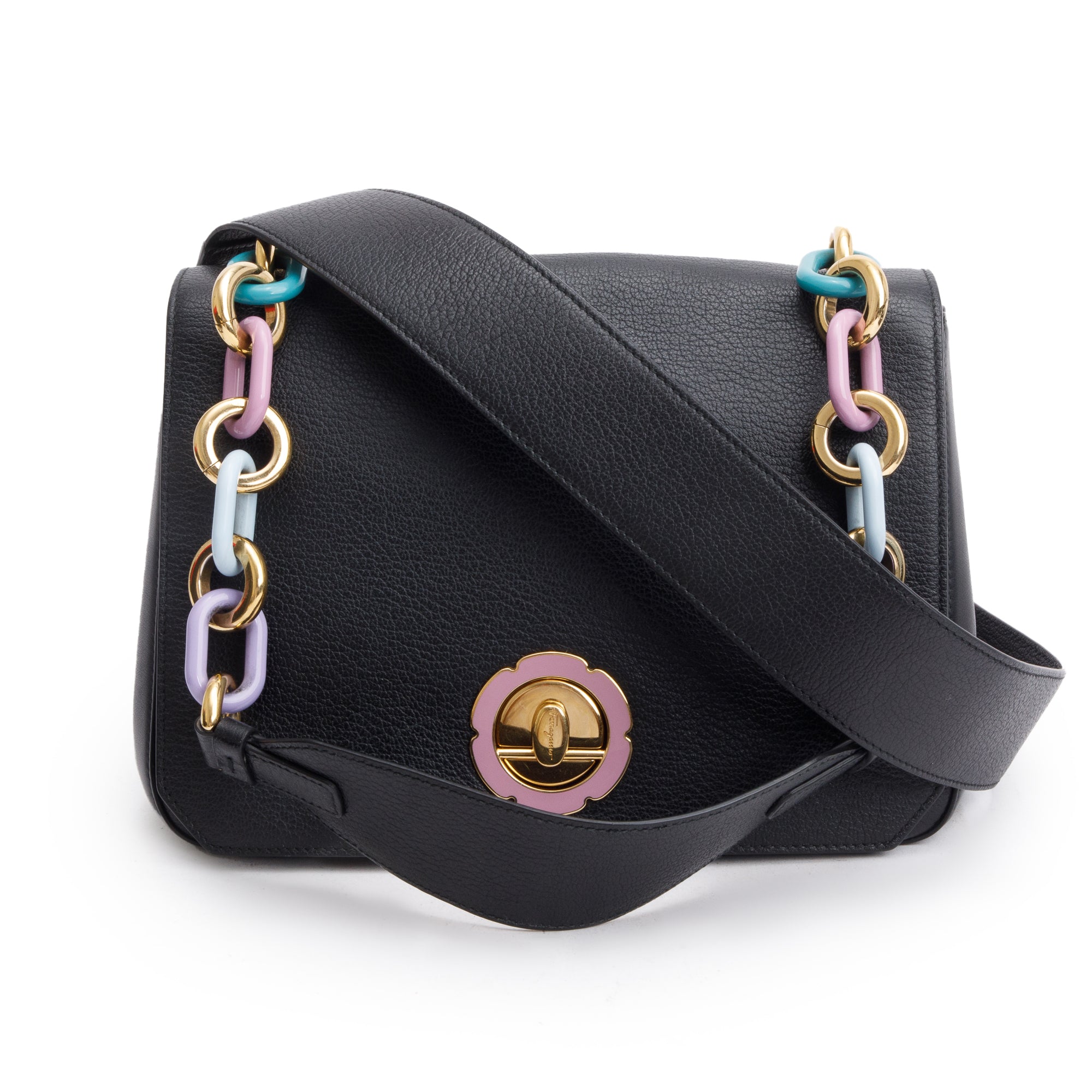 Ferragamo Black Calfskin Leather Lexi Shoulder Bag w/ Strap