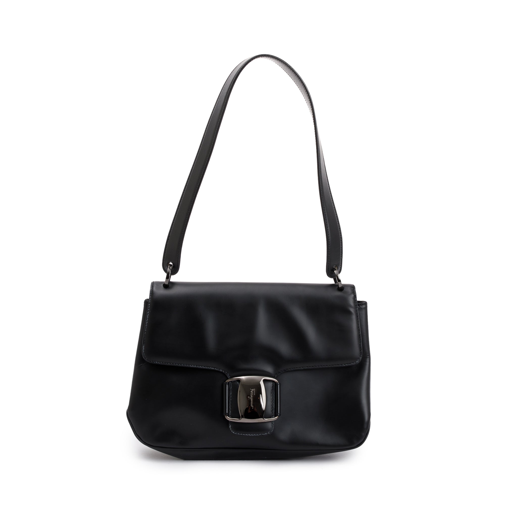 Ferragamo Black Calfskin Leather Vara Shoulder Bag