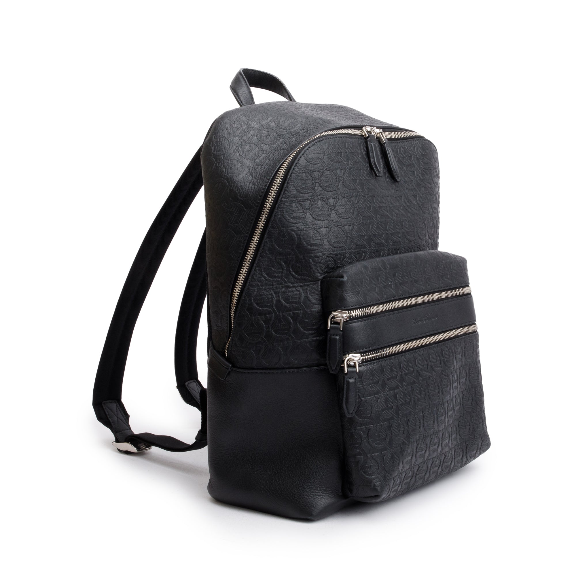 Ferragamo Black Gancini Embossed Calfskin Leather Backpack