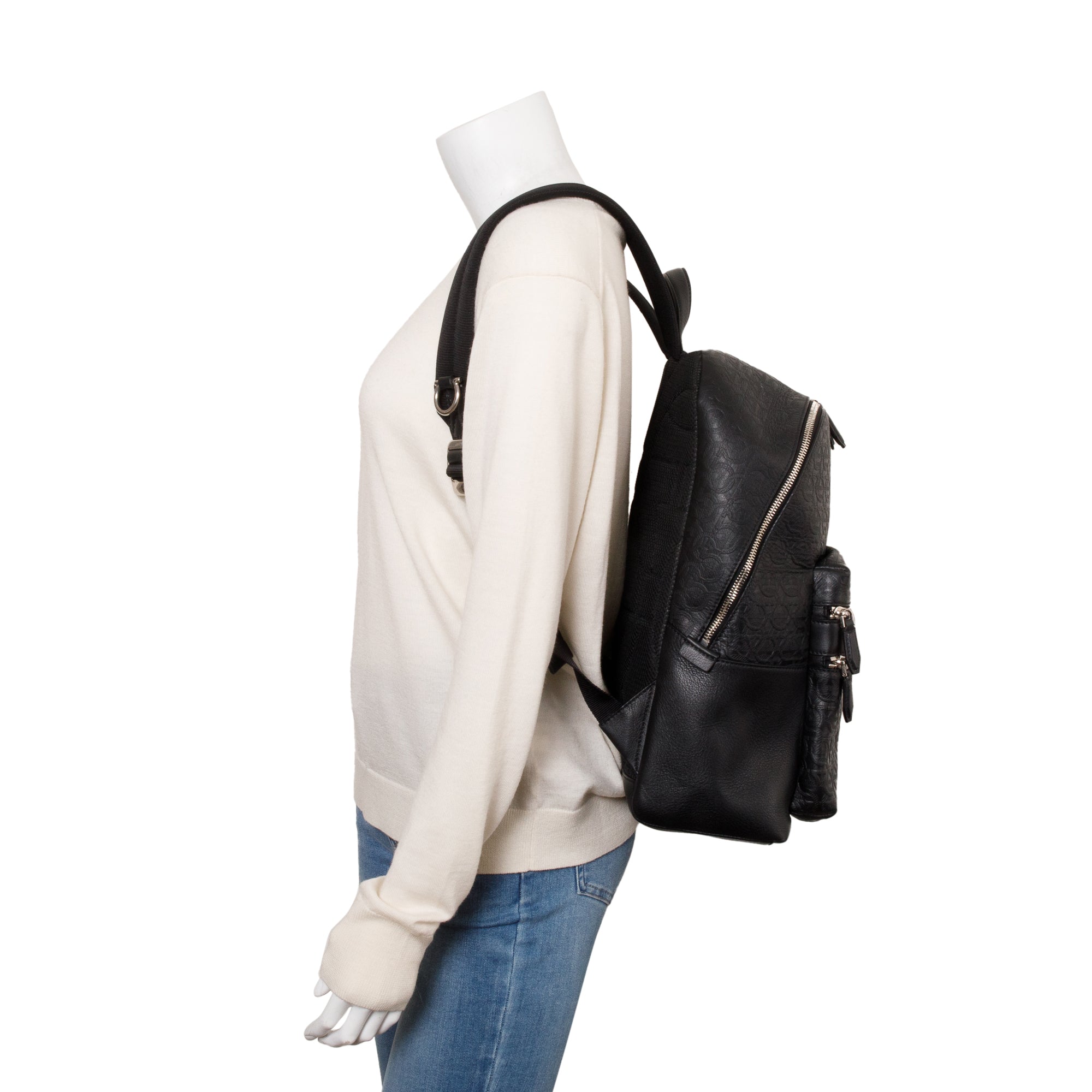 Ferragamo Black Gancini Embossed Calfskin Leather Backpack