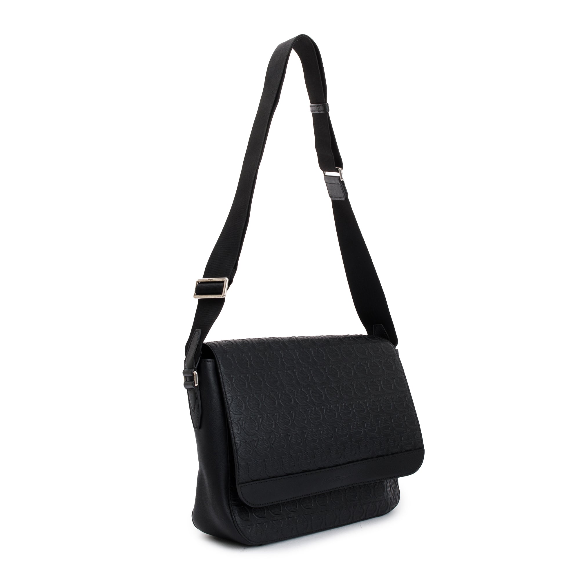 Ferragamo Black Gancio Embossed Leather Messenger Bag