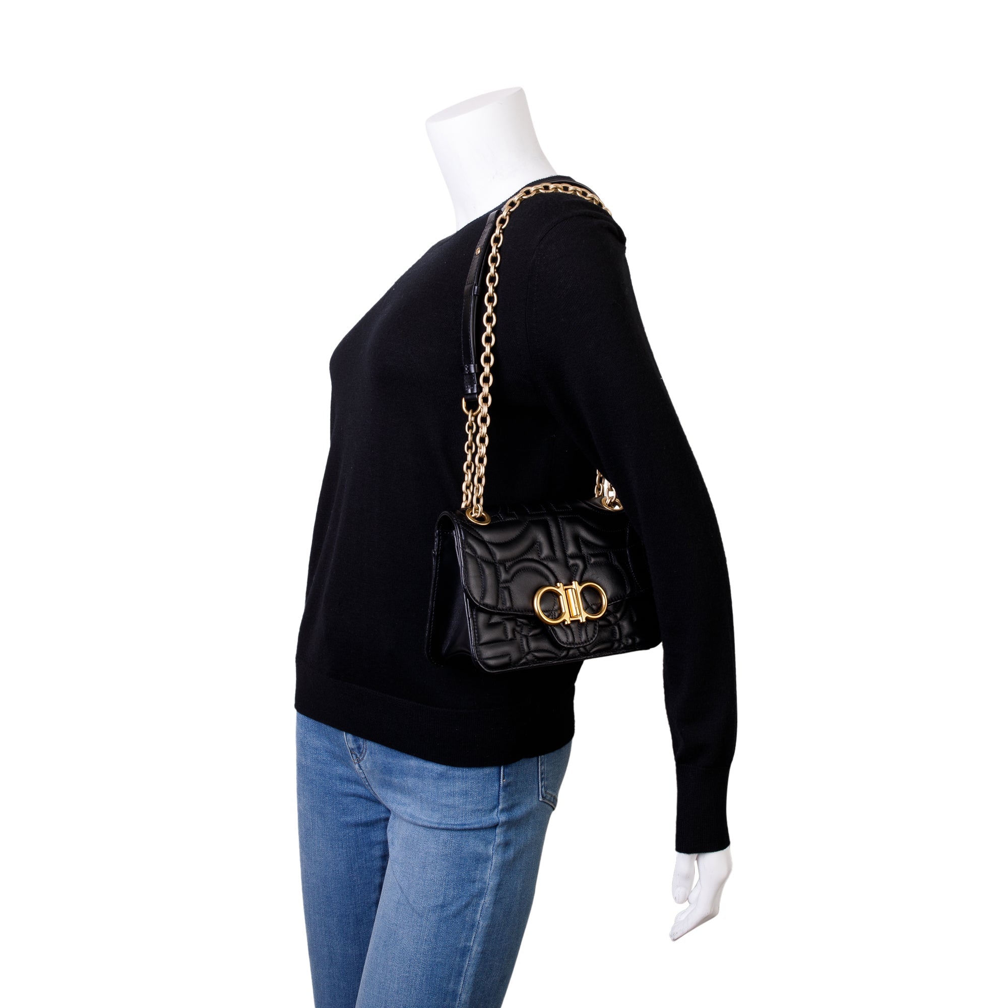 Ferragamo Black Ganicini Quilted Calfskin Leather Shoulder Bag w/ Box