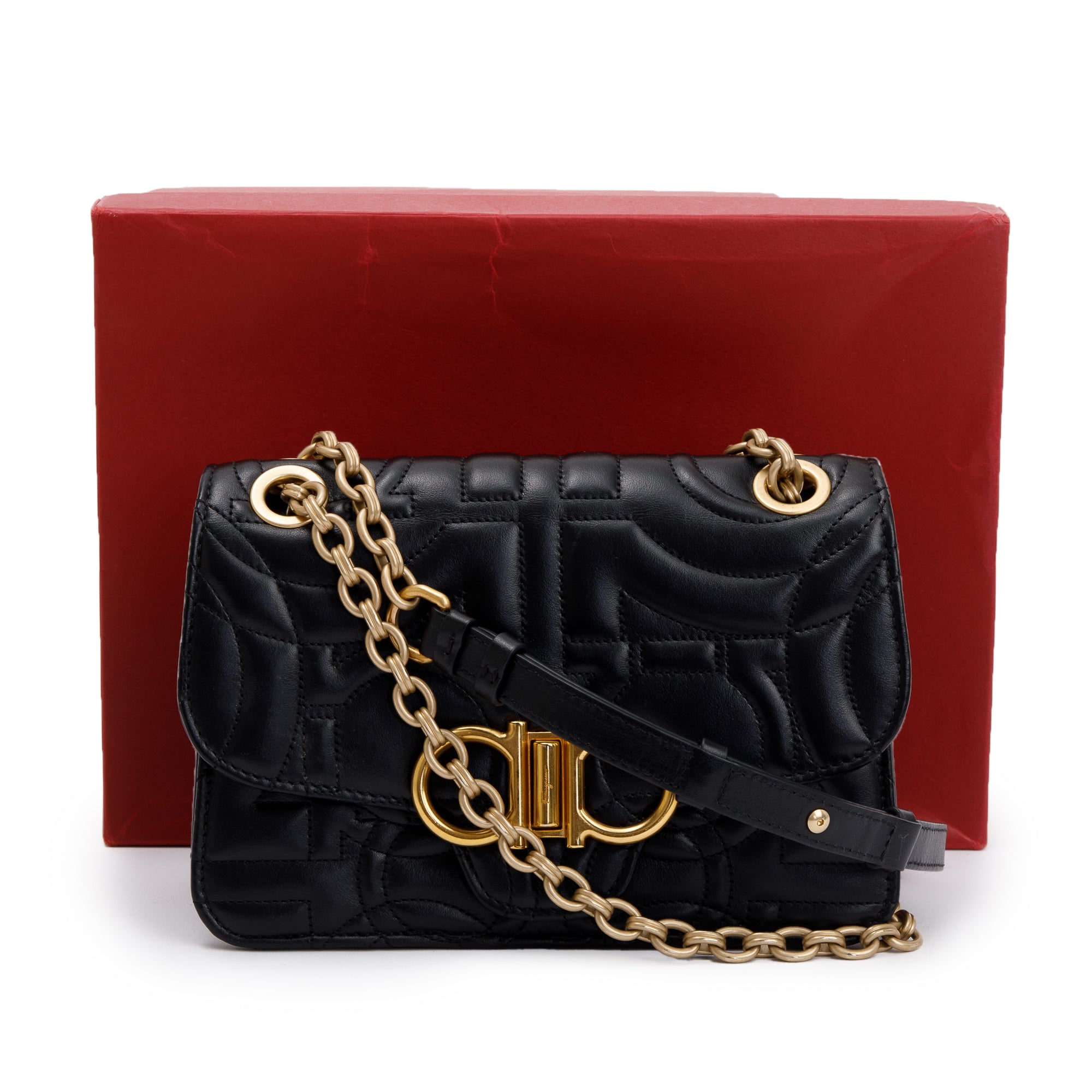 Ferragamo Black Ganicini Quilted Calfskin Leather Shoulder Bag w/ Box