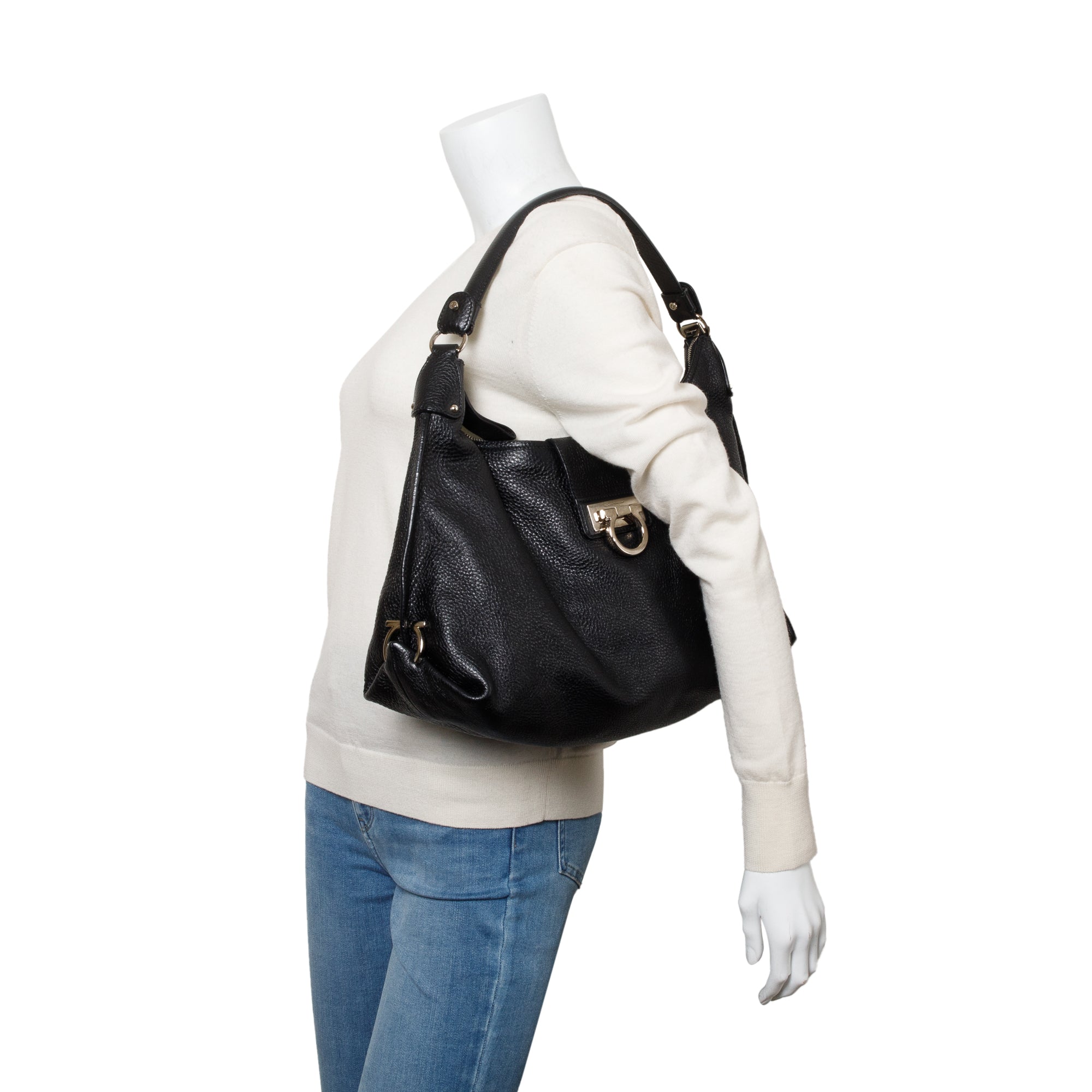 Ferragamo Black Grained Calfskin Leather Gancini Hobo Bag