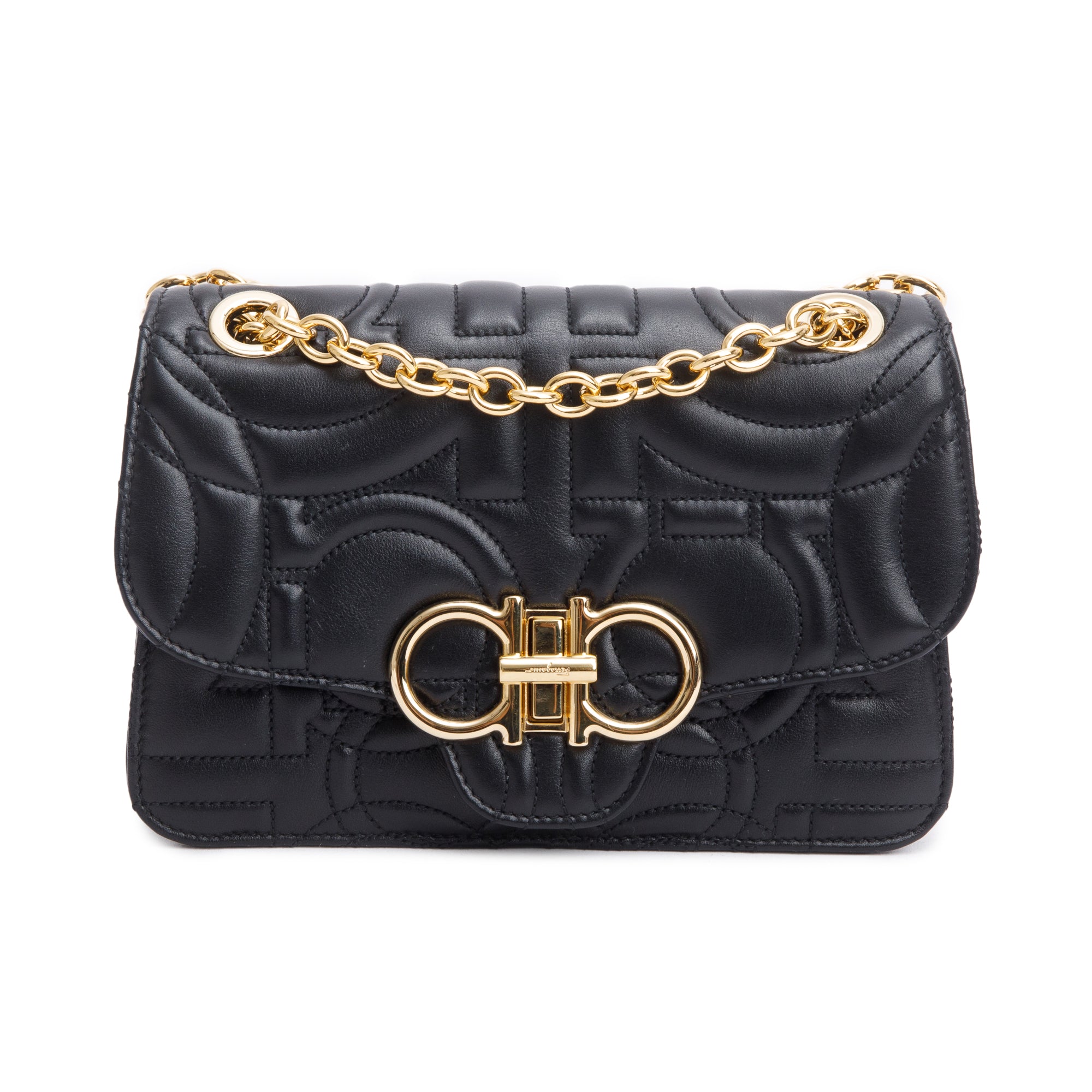 Ferragamo Black Quilted Leather Small Gancini Flap Shoulder Bag