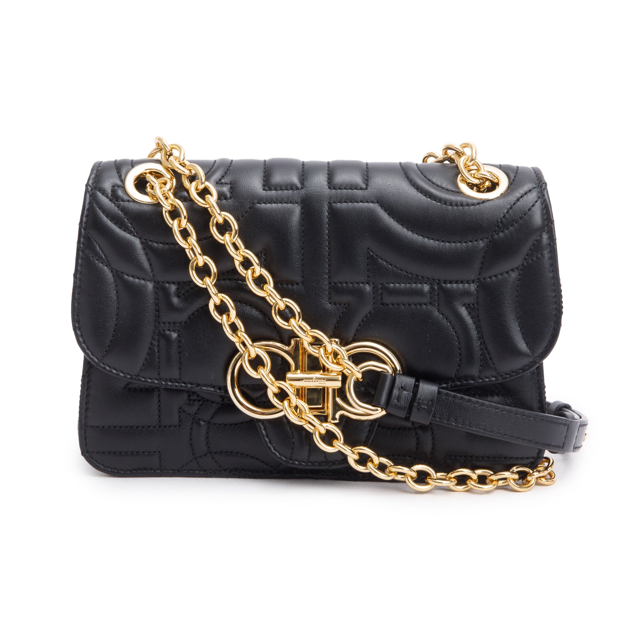Ferragamo Black Quilted Leather Small Gancini Flap Shoulder Bag