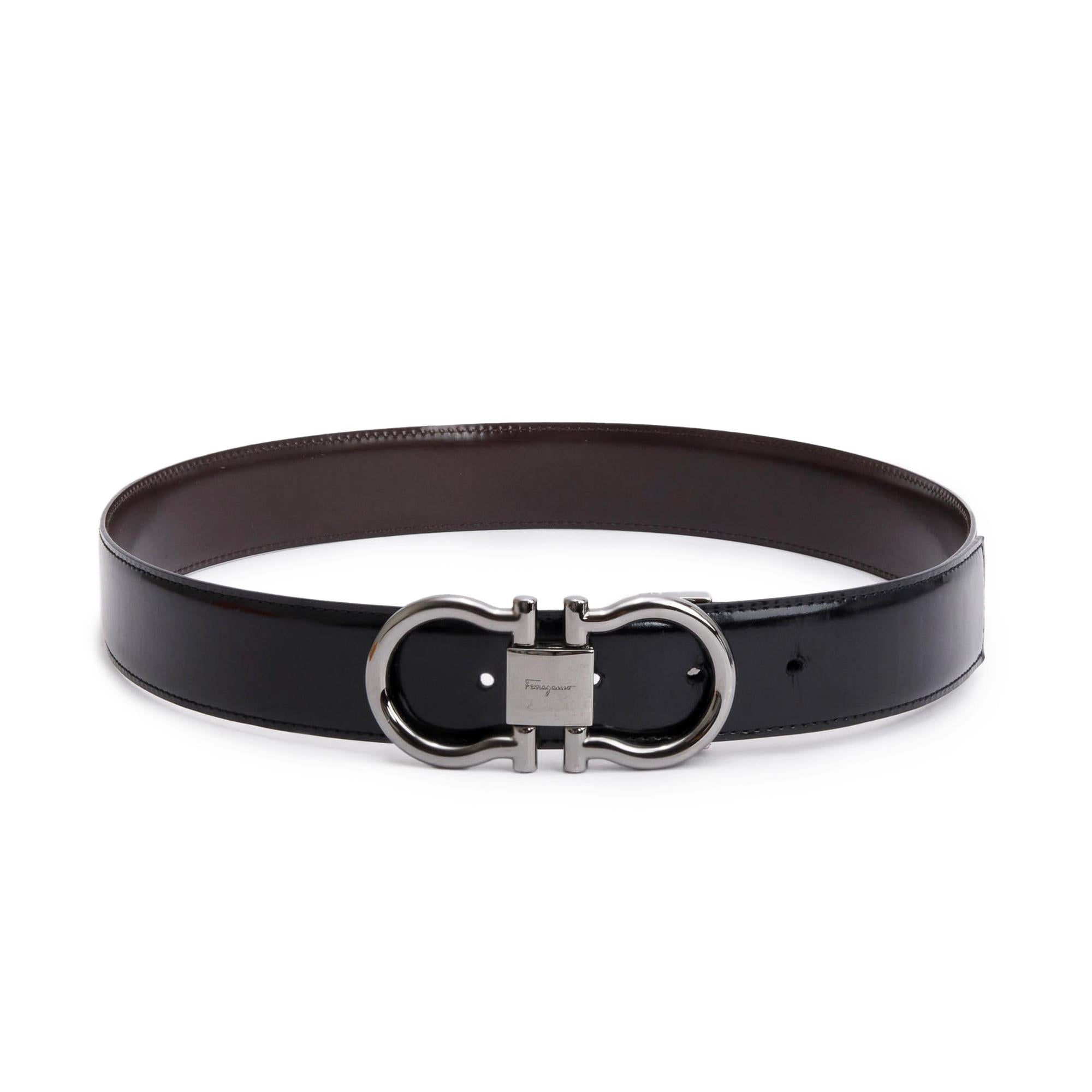 Ferragamo Black/Brown Smooth Leather Reversible and Adjustable Gancini Belt