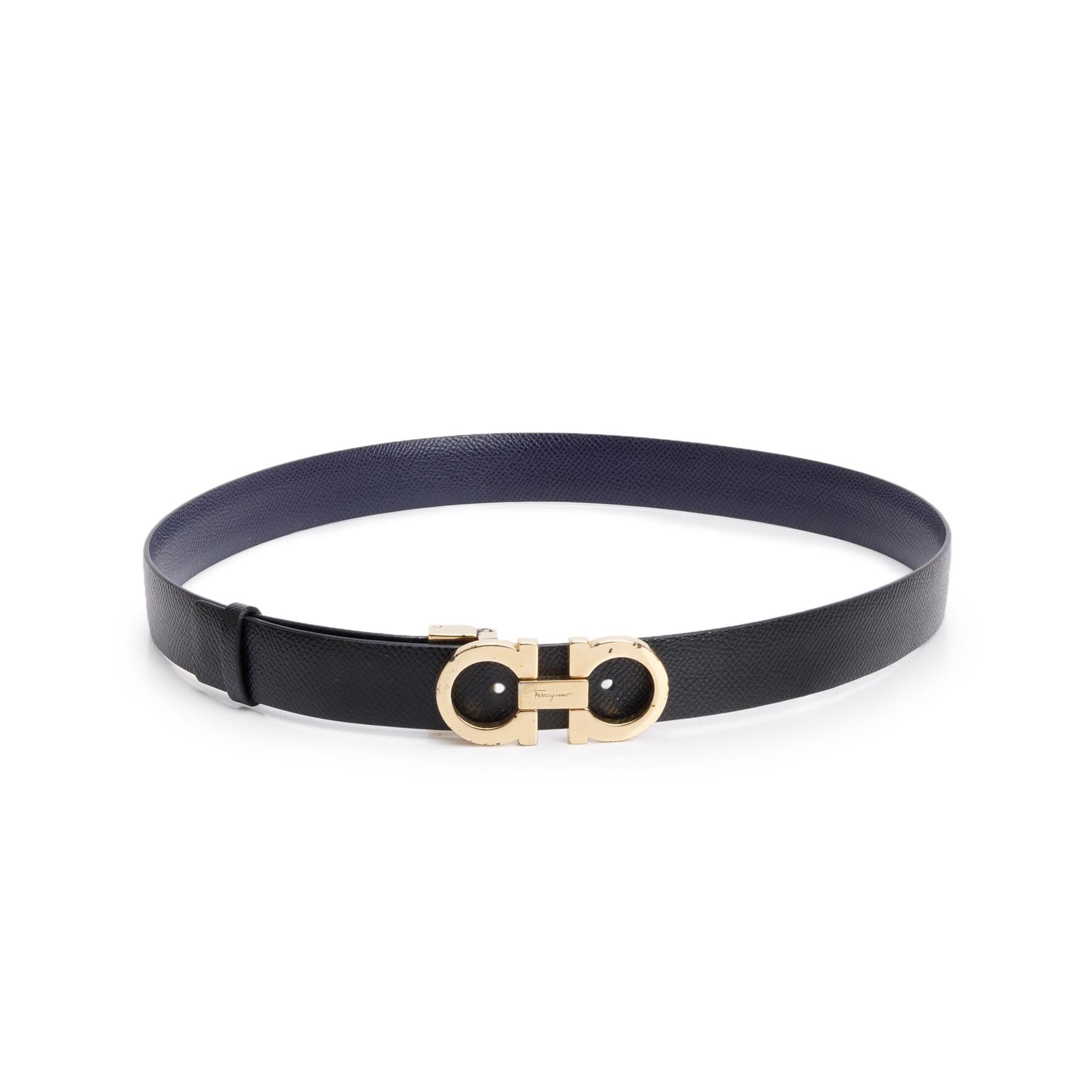 Ferragamo Black/Navy Calfskin Leather Reversible an adjustable Gancini Belt Kit
