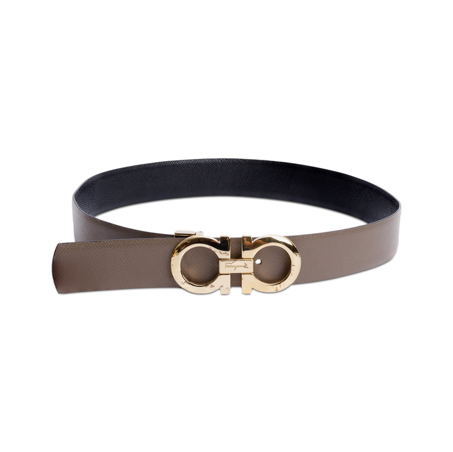 Ferragamo Black/Taupe Leather Reversible and Adjustable Gancini Belt