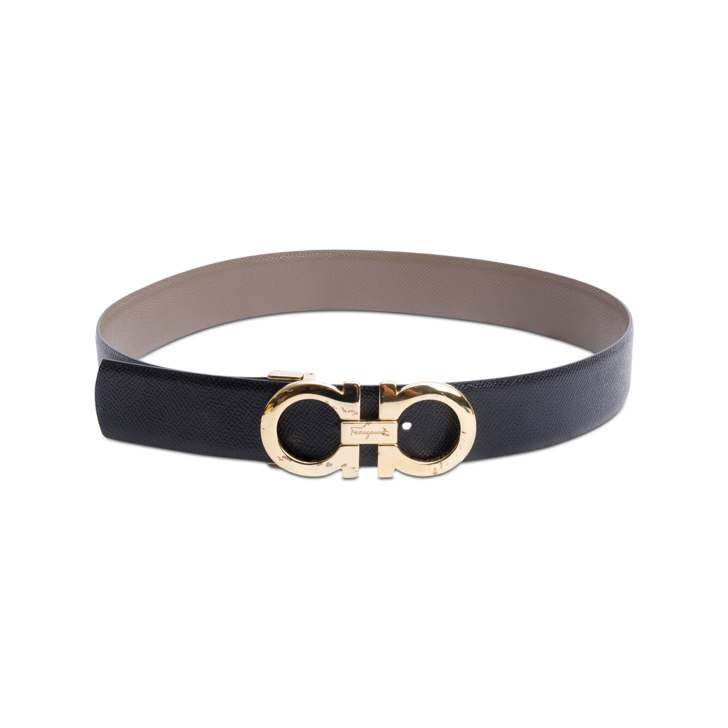 Ferragamo Black/Taupe Leather Reversible and Adjustable Gancini Belt
