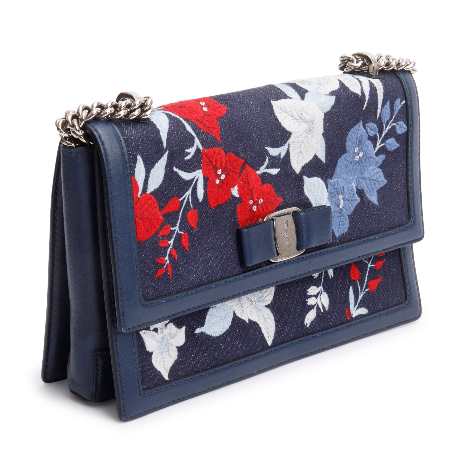 Ferragamo Blue Calfskin Denim Floral Embroidered Ginny Bow Flap Bag