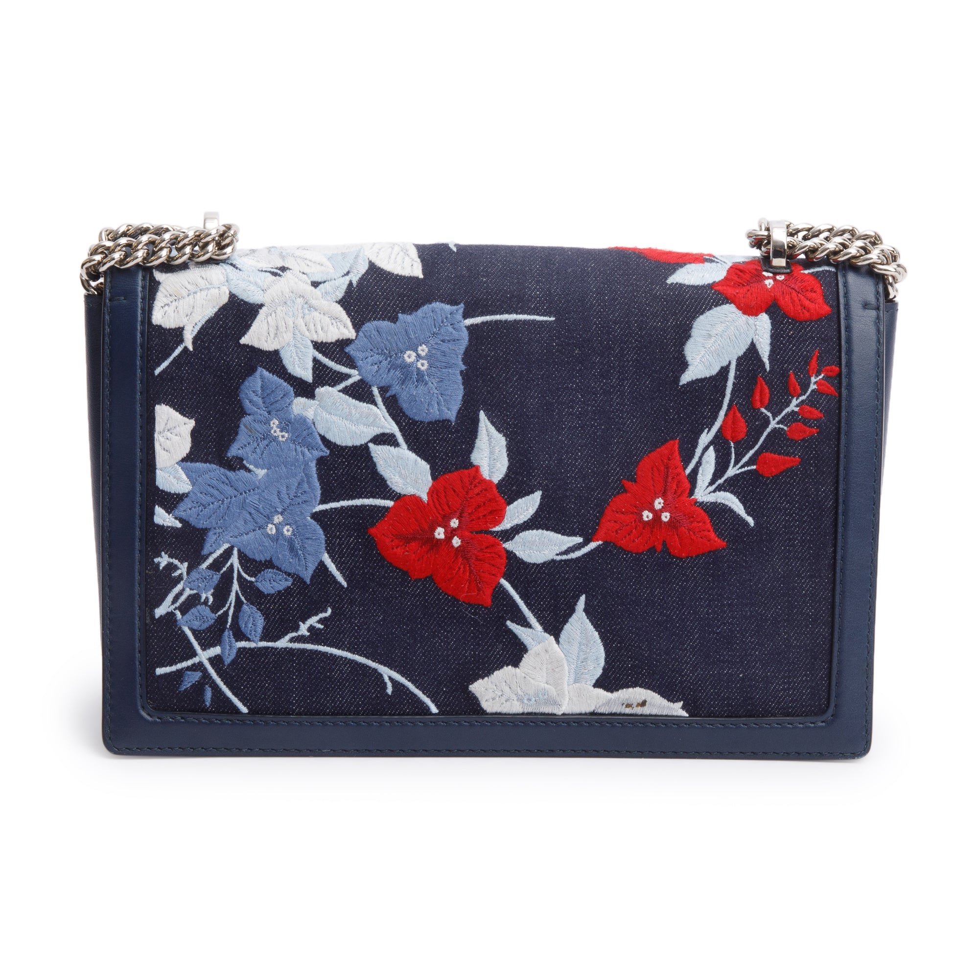 Ferragamo Blue Calfskin Denim Floral Embroidered Ginny Bow Flap Bag