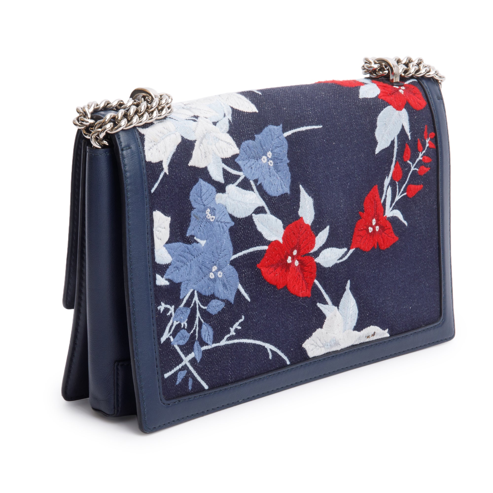Ferragamo Blue Calfskin Denim Floral Embroidered Ginny Bow Flap Bag