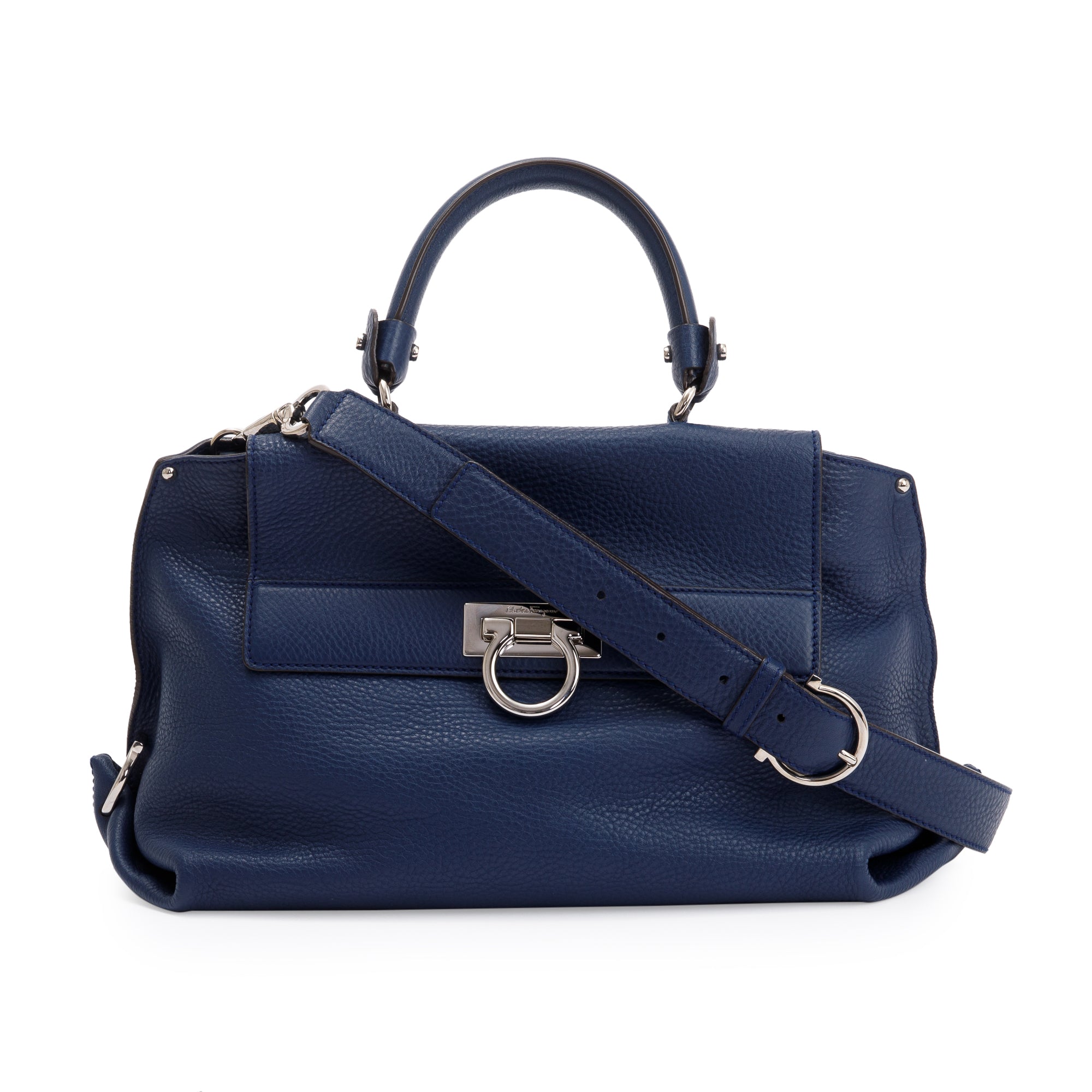 Ferragamo Blue Grained Leather Gancini Sofia Satchel w/ Strap