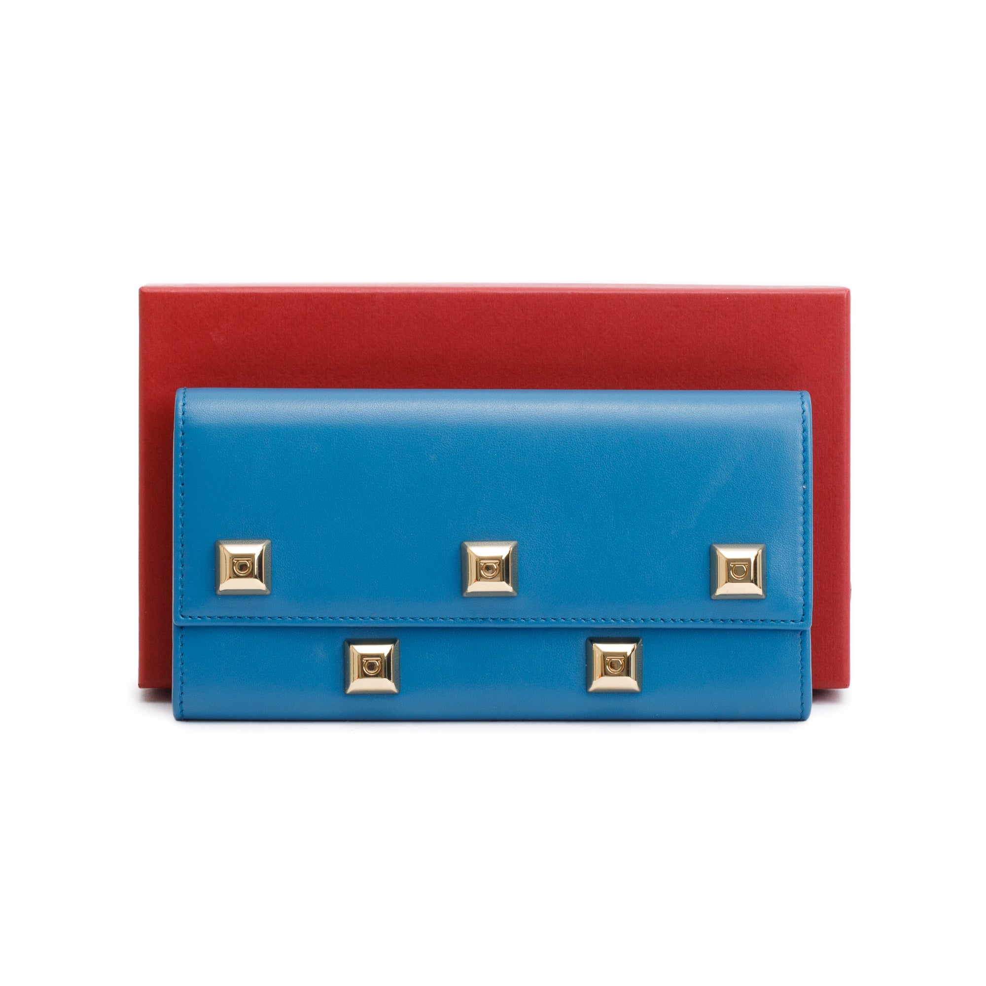Ferragamo Blue Leather Studded Continental Flap Wallet w/ Box