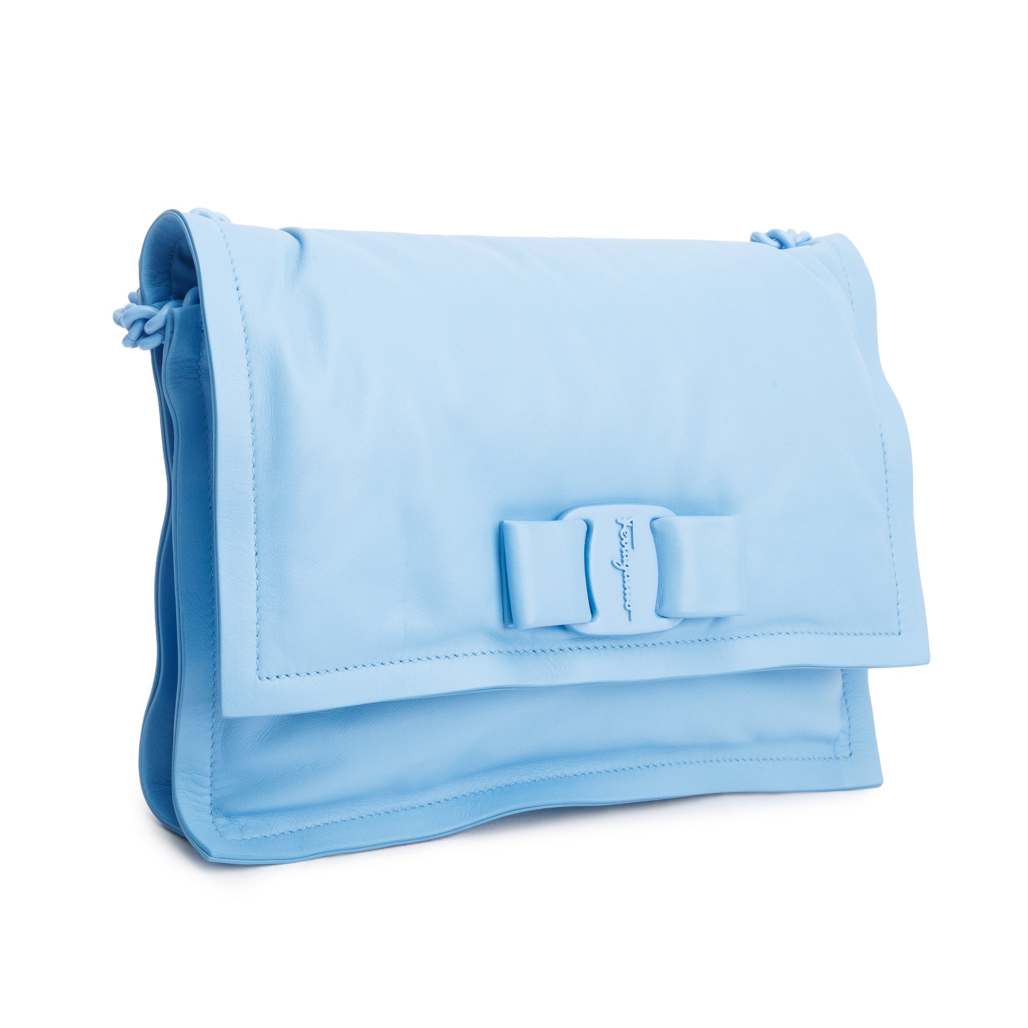 Ferragamo Blue Soft Leather Viva Bow Puffer Shoulder Bag