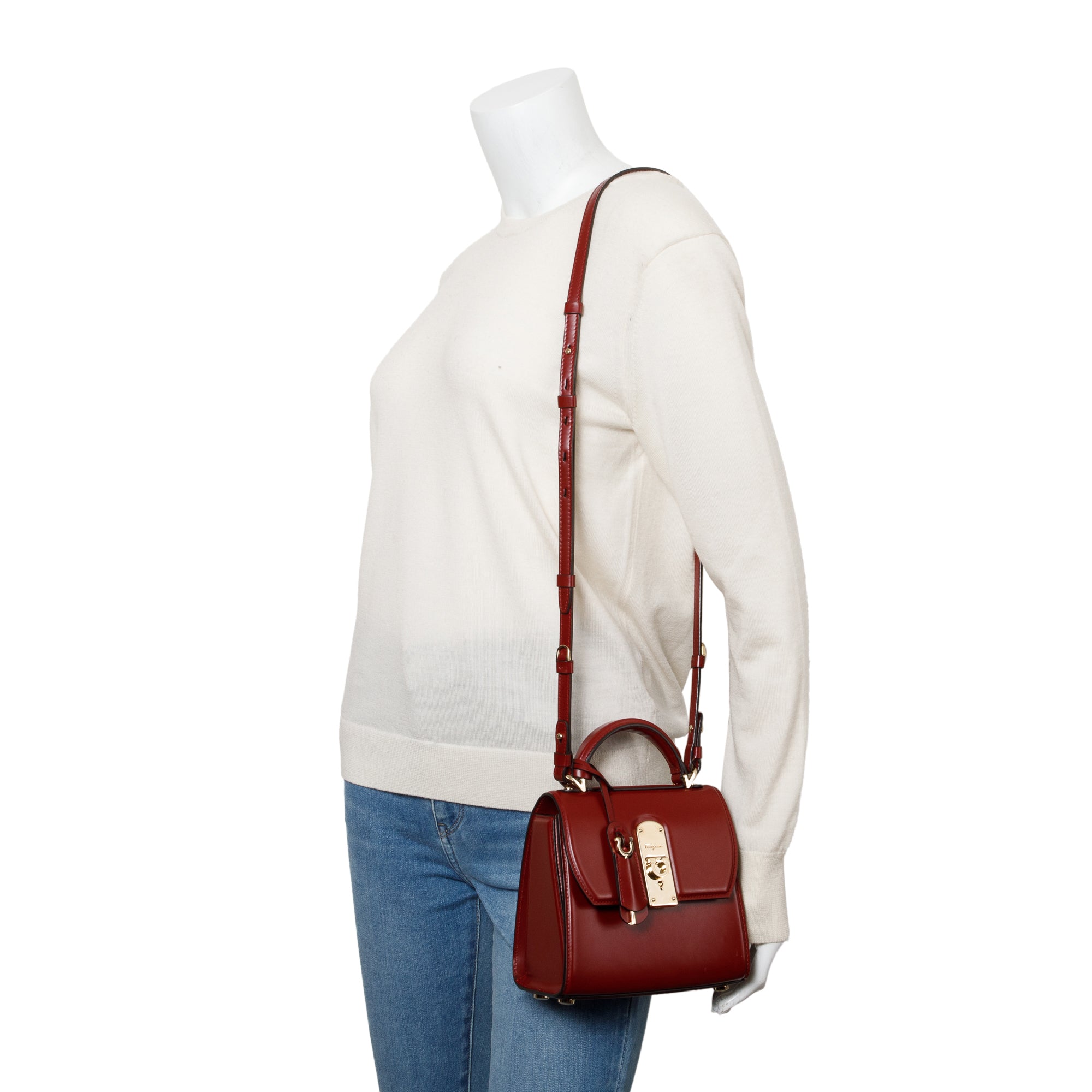 Ferragamo Burgundy Box Leather Small Boxyz Gancini Top Handle Bag w/ Strap & Box