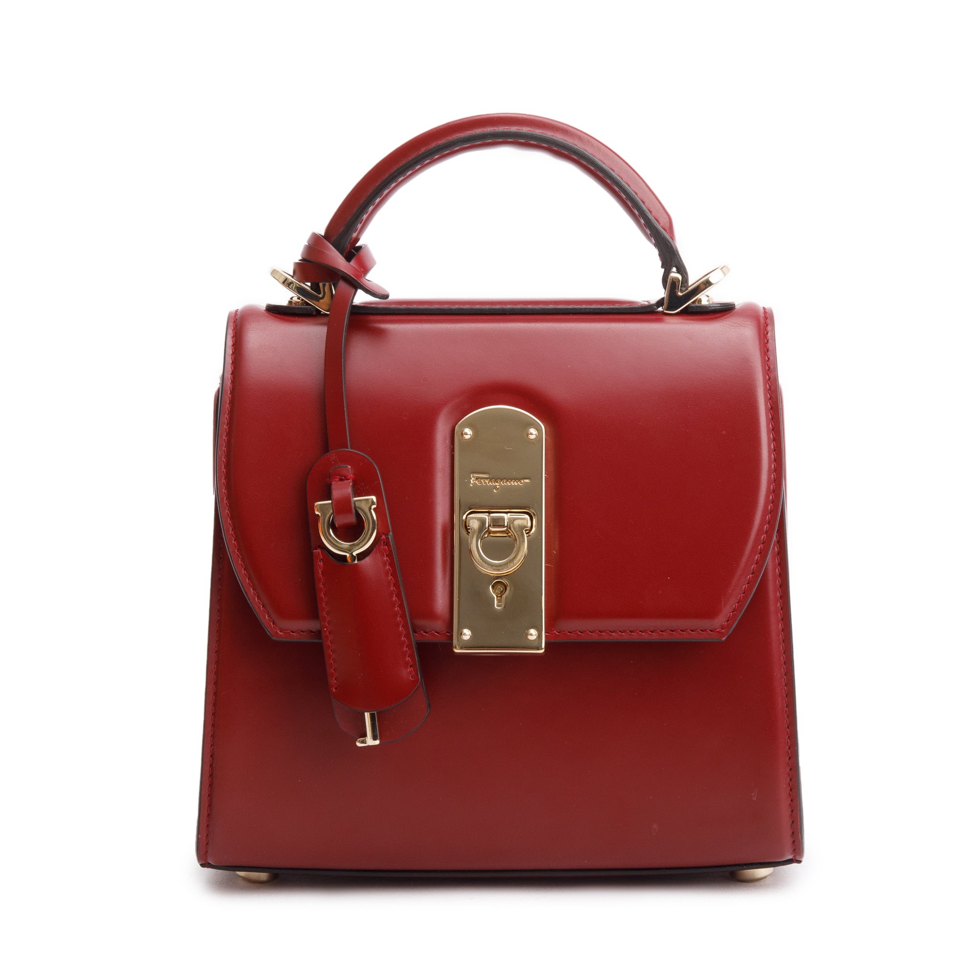 Ferragamo Burgundy Box Leather Small Boxyz Gancini Top Handle Bag w/ Strap & Box