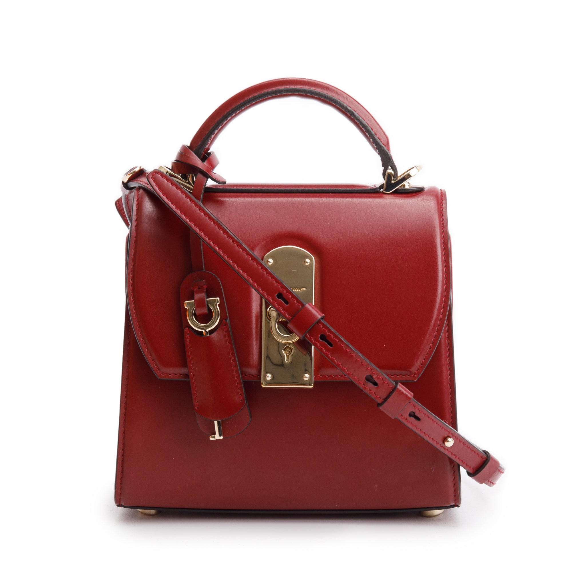 Ferragamo Burgundy Box Leather Small Boxyz Gancini Top Handle Bag w/ Strap & Box