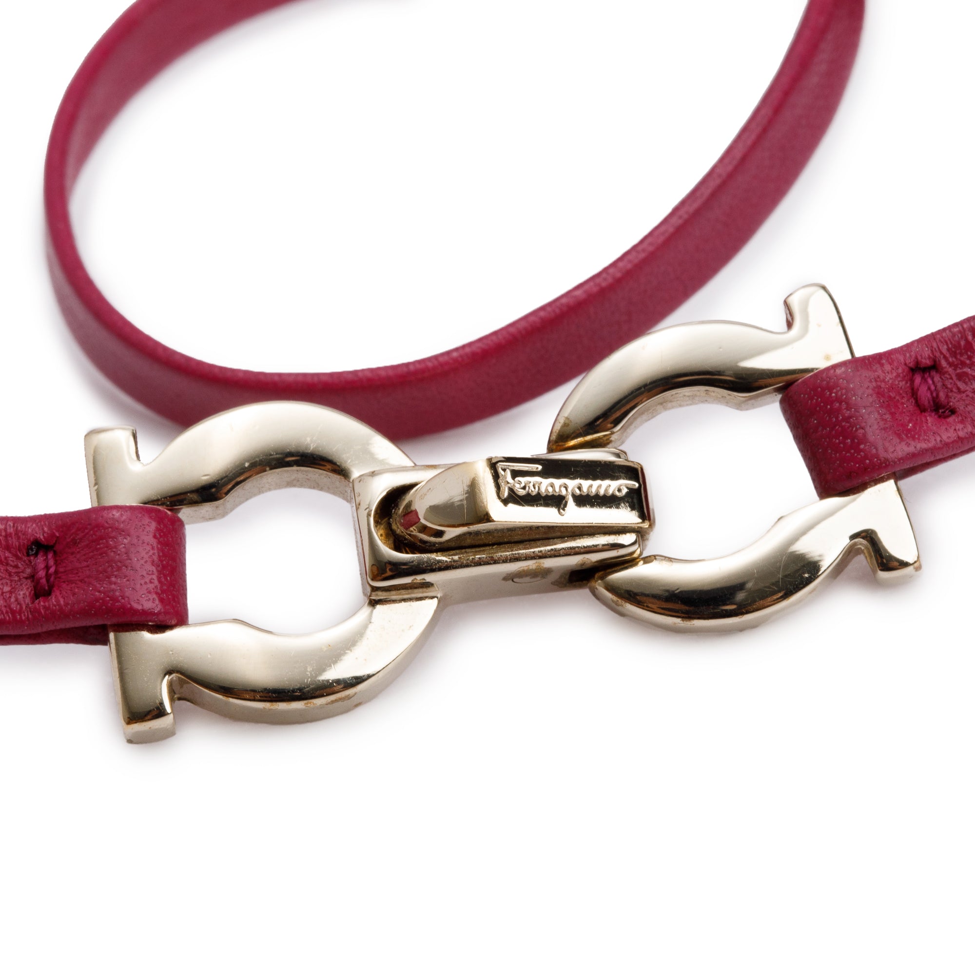 Ferragamo Gold-Plated Gancini Pink Leather Double Wrap Bracelet w/ Box