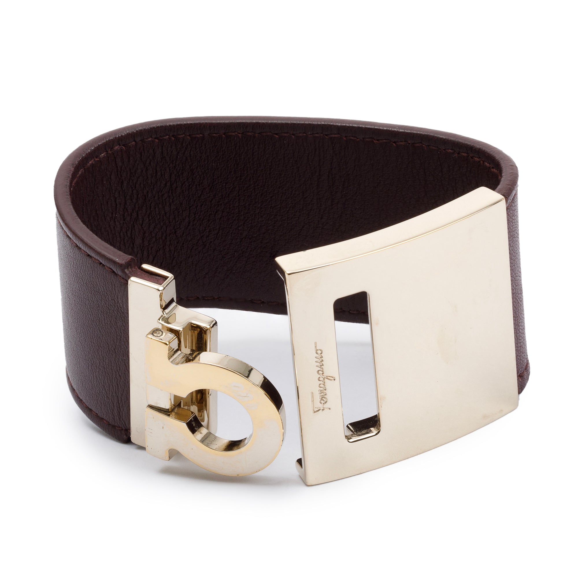 Ferragamo Gold-Plated Gancini Wide Burgundy Leather Bracelet