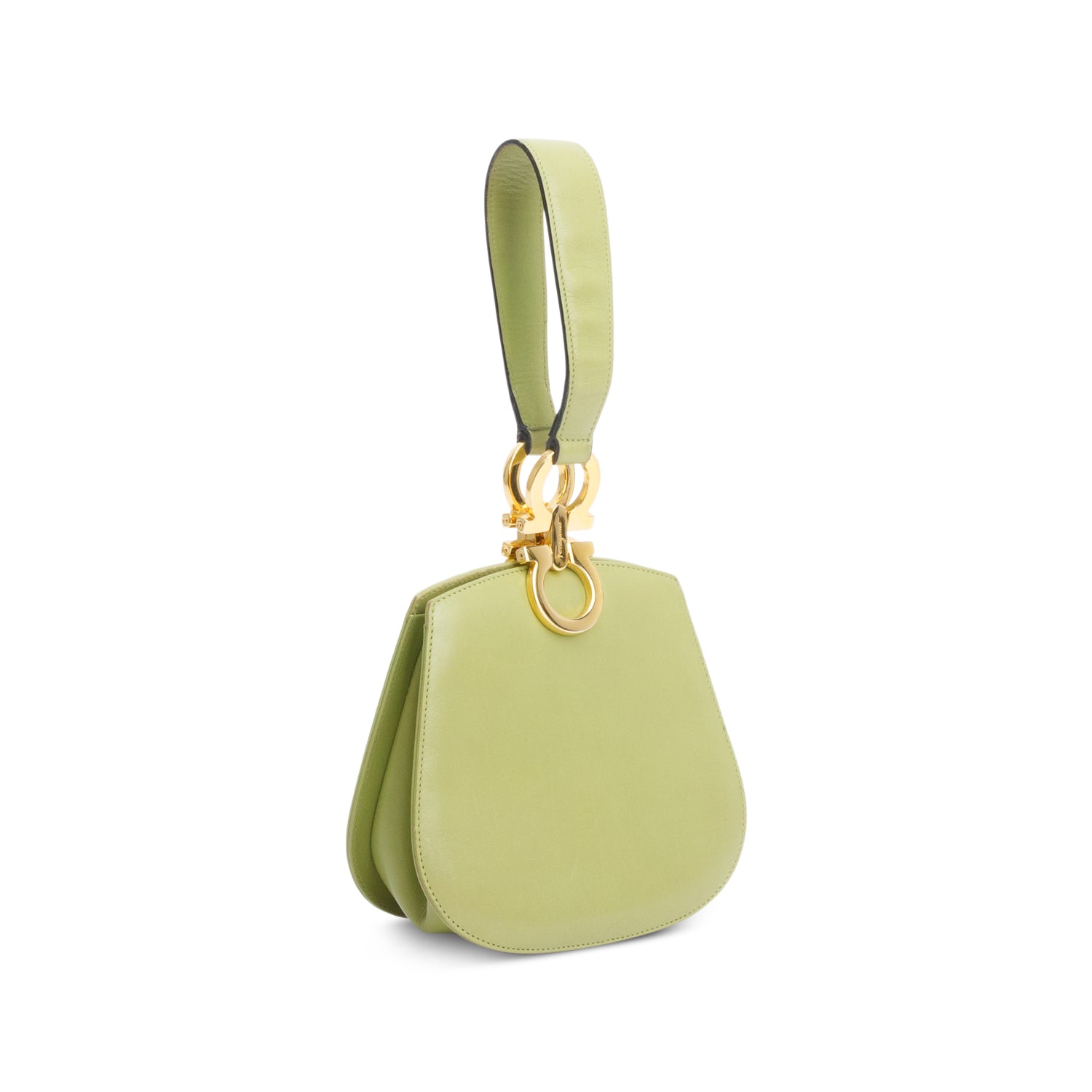 Ferragamo Green Box Leather Handle Clutch Bag