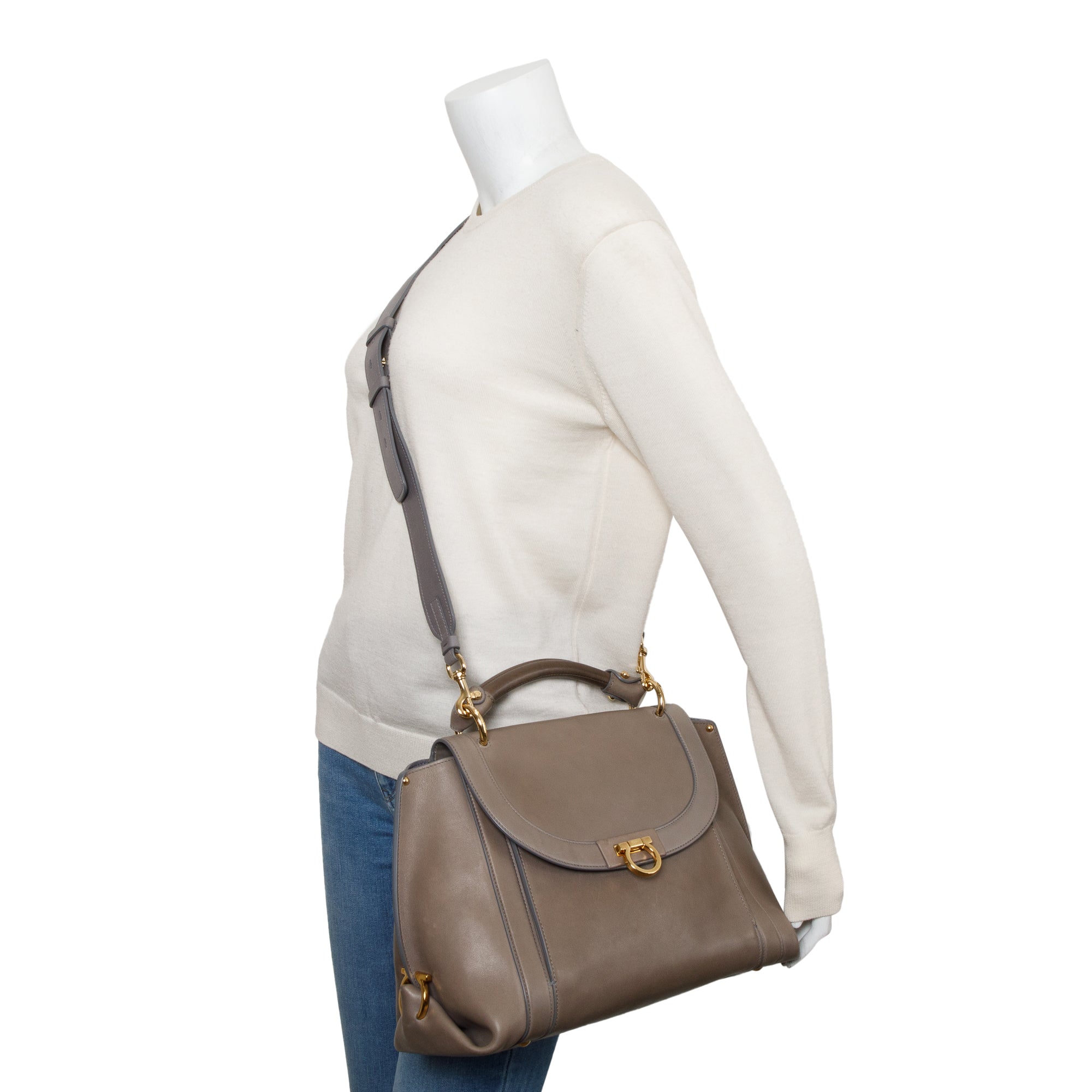 Ferragamo Grey Calfskin Leather Medium Sofia Rainbow Satchel w/ Strap