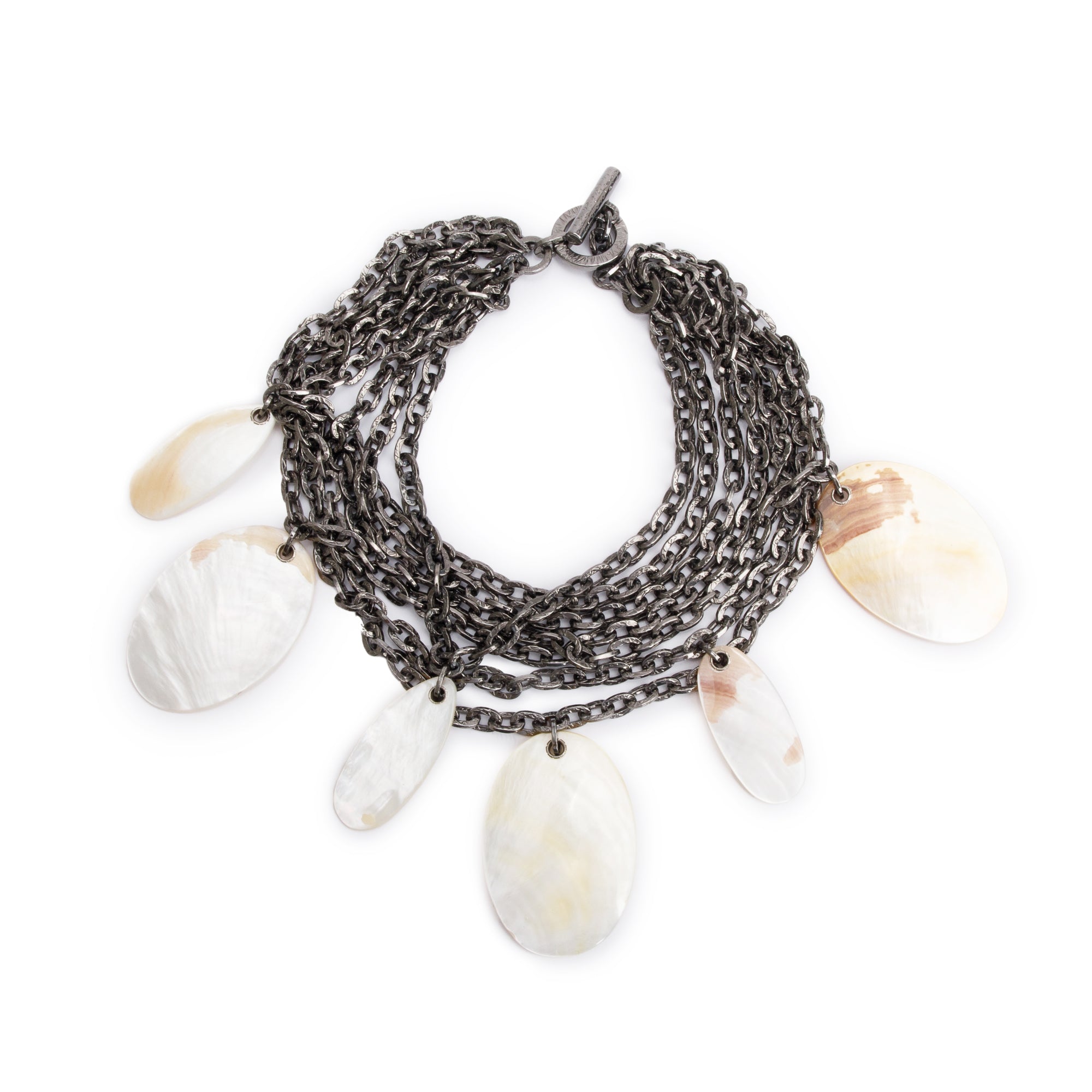 Ferragamo Gun-Metal Multichain Mother of Pearl Toggle Necklace