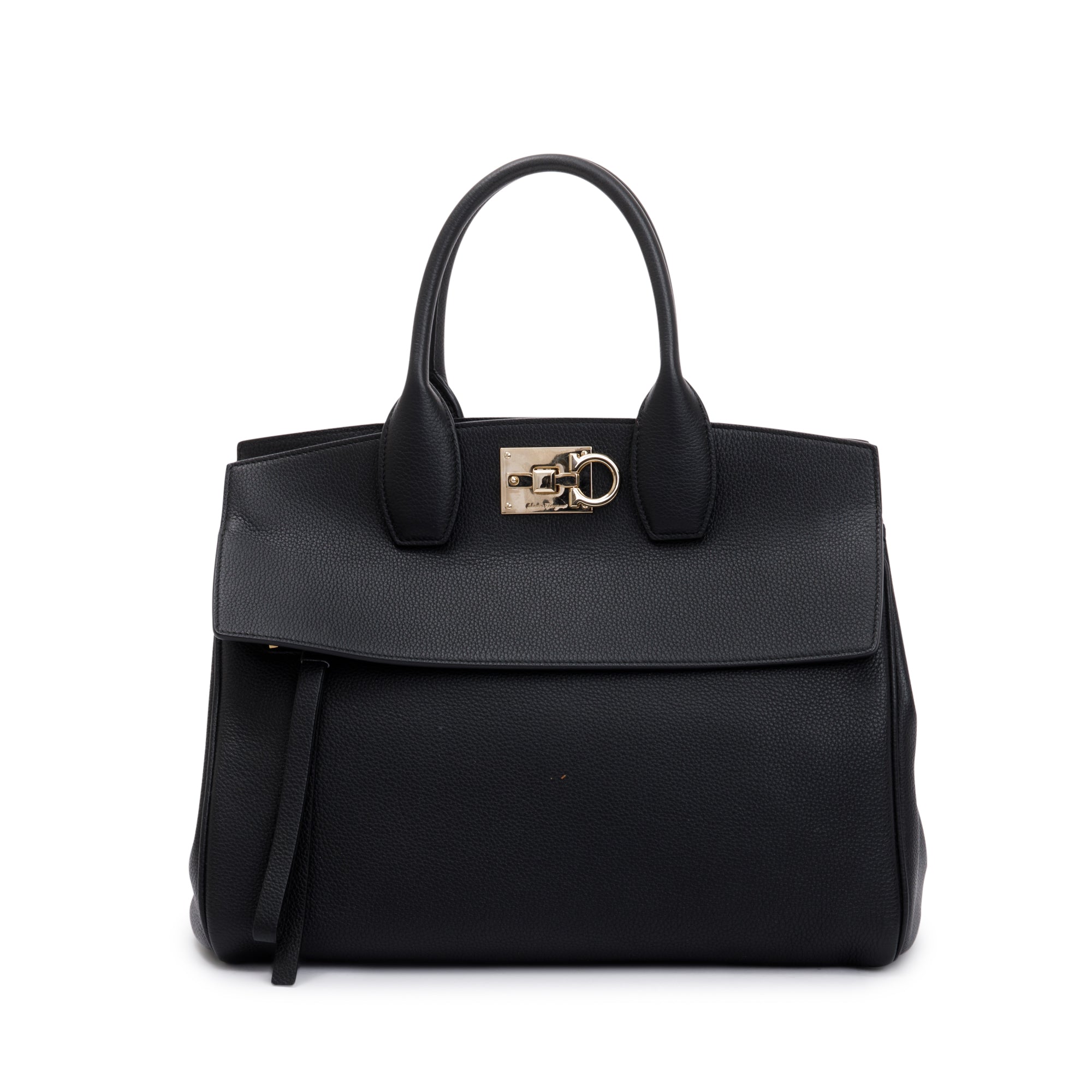 Ferragamo Medium Black Grained Calfskin Studio Soft Bag w/ Pouch