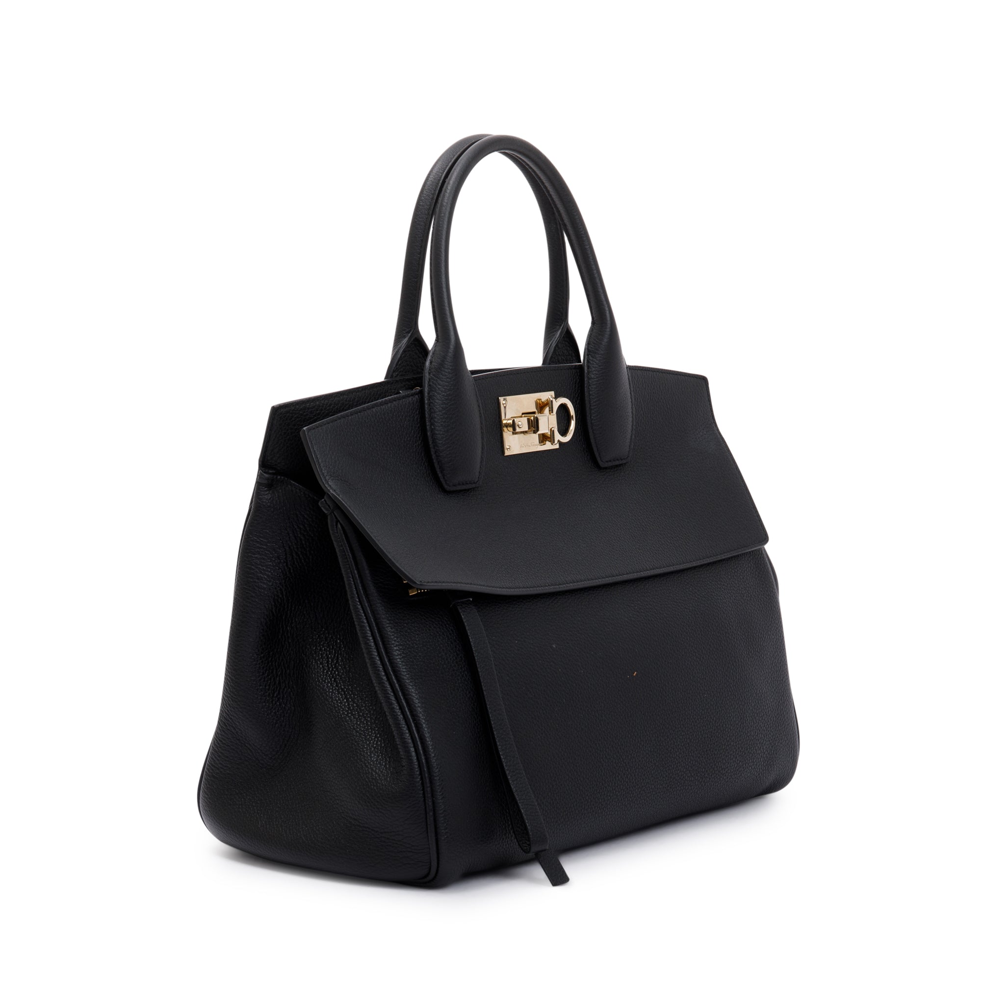 Ferragamo Medium Black Grained Calfskin Studio Soft Bag w/ Pouch