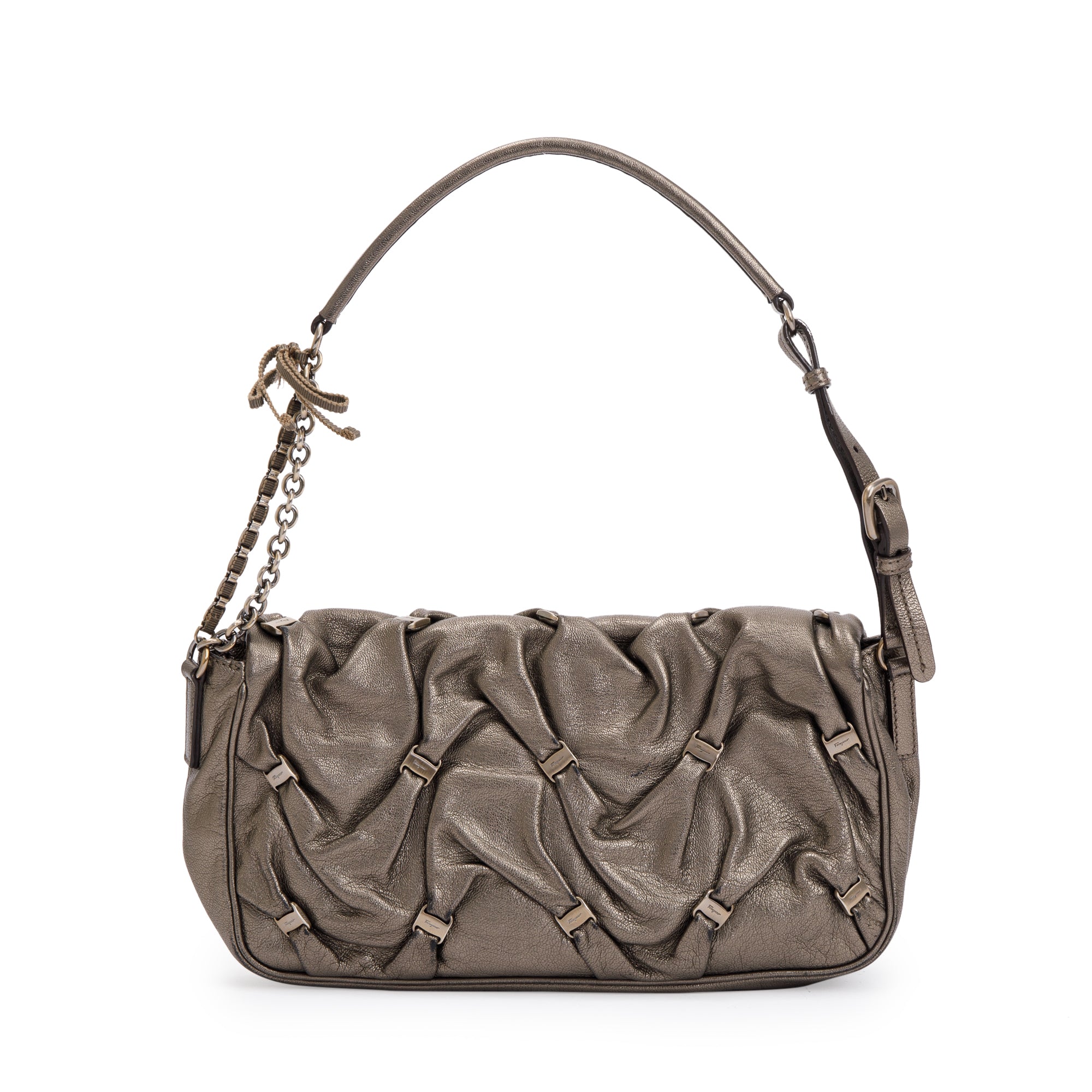 Ferragamo Metallic Gold Calfskin Leather Pleated Vara Shoulder Bag