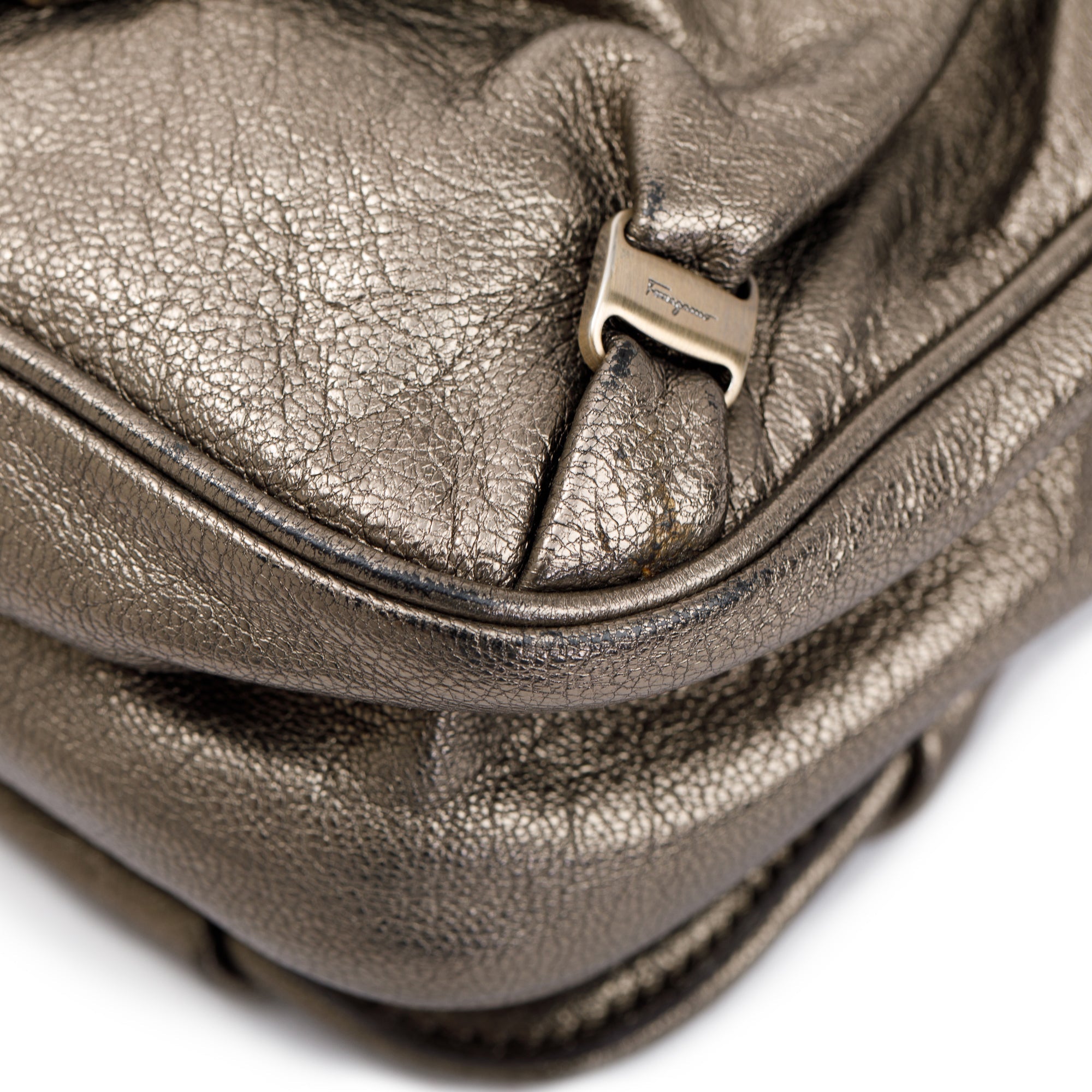 Ferragamo Metallic Gold Calfskin Leather Pleated Vara Shoulder Bag