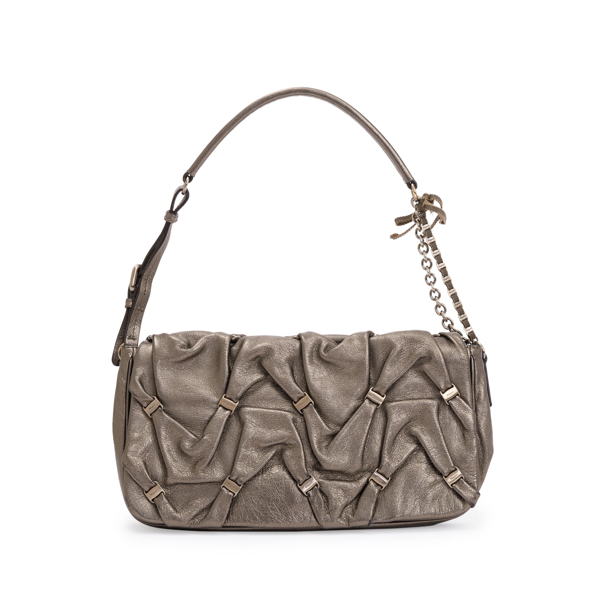 Ferragamo Metallic Gold Calfskin Leather Pleated Vara Shoulder Bag