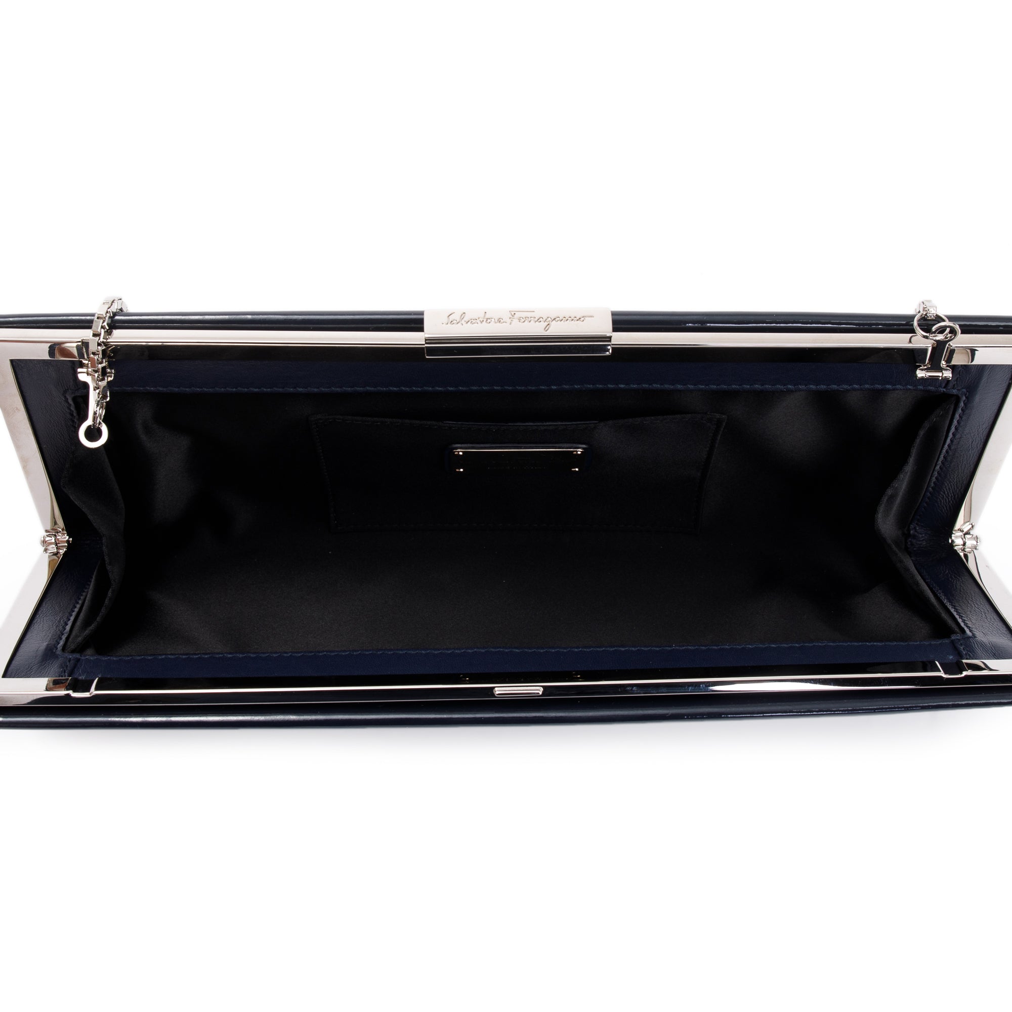 Ferragamo Navy Patent Leather Chain Clutch Bag