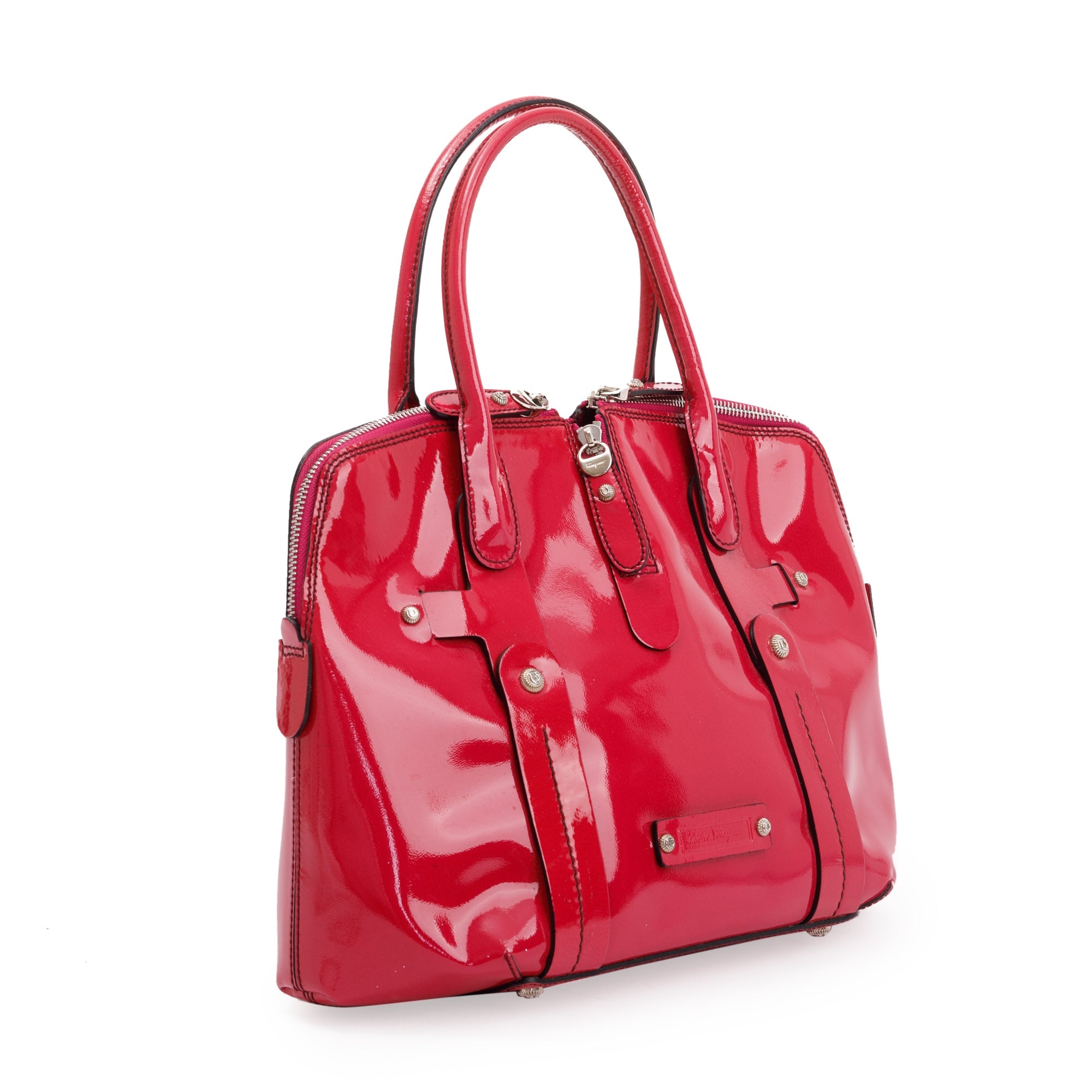 Ferragamo Pink Patent Leather Gancini Studded Tote