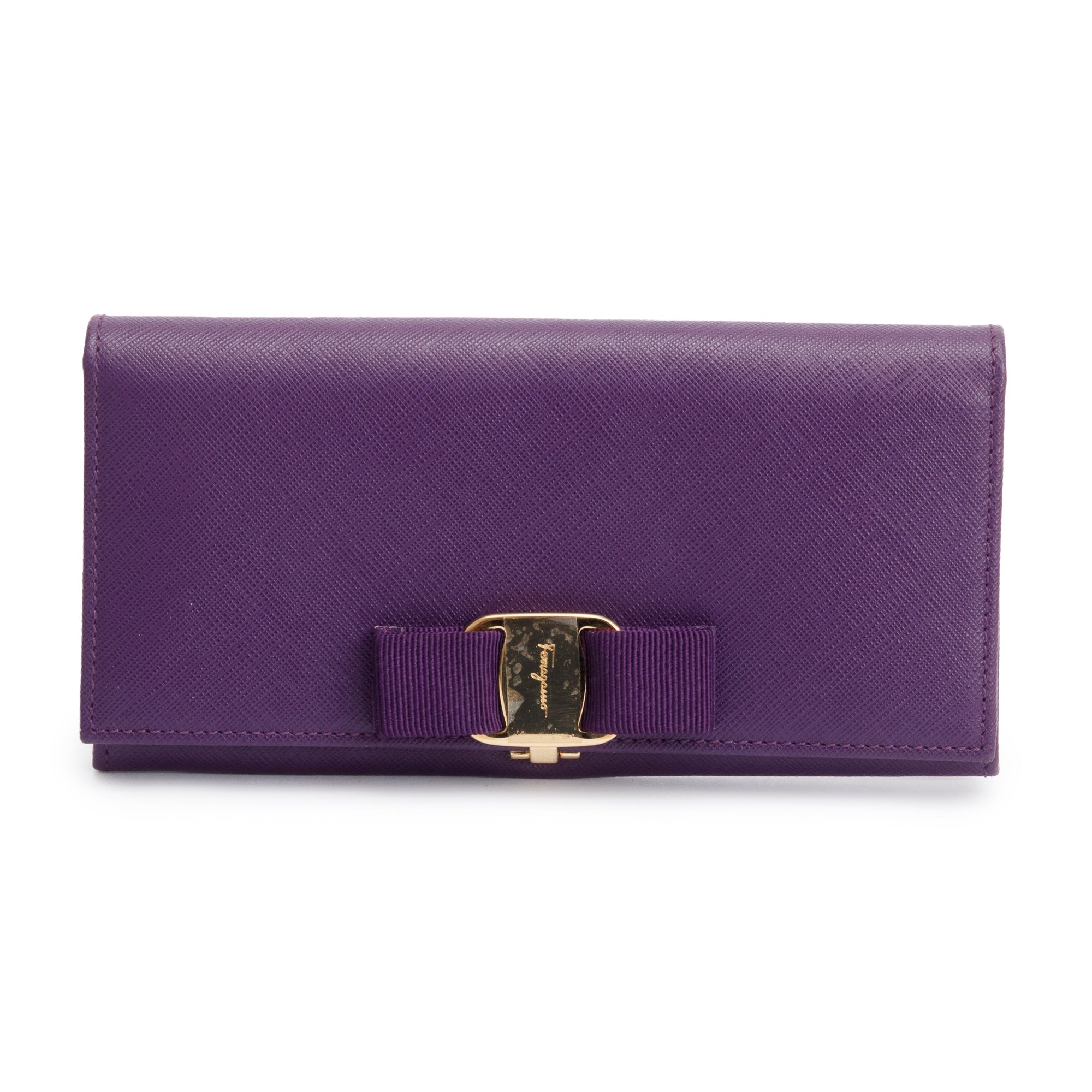 Ferragamo Purple Leather Vera Bow Continental Flap Wallet