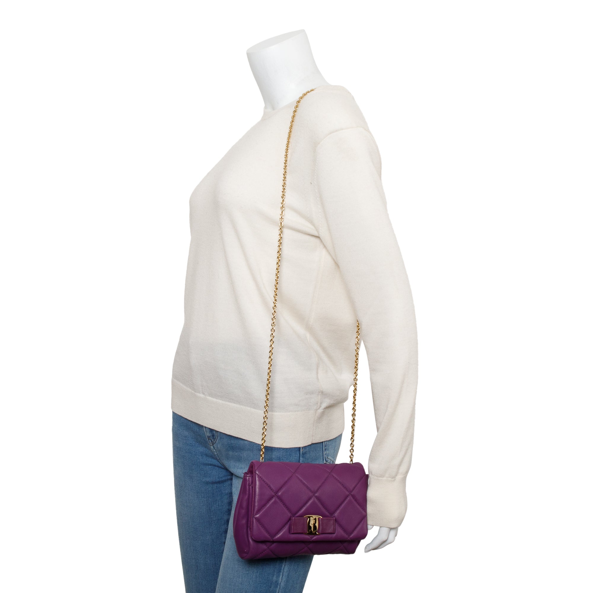 Ferragamo Purple Quilt Soft Leather Miss Vara Bow Crossbody Bag
