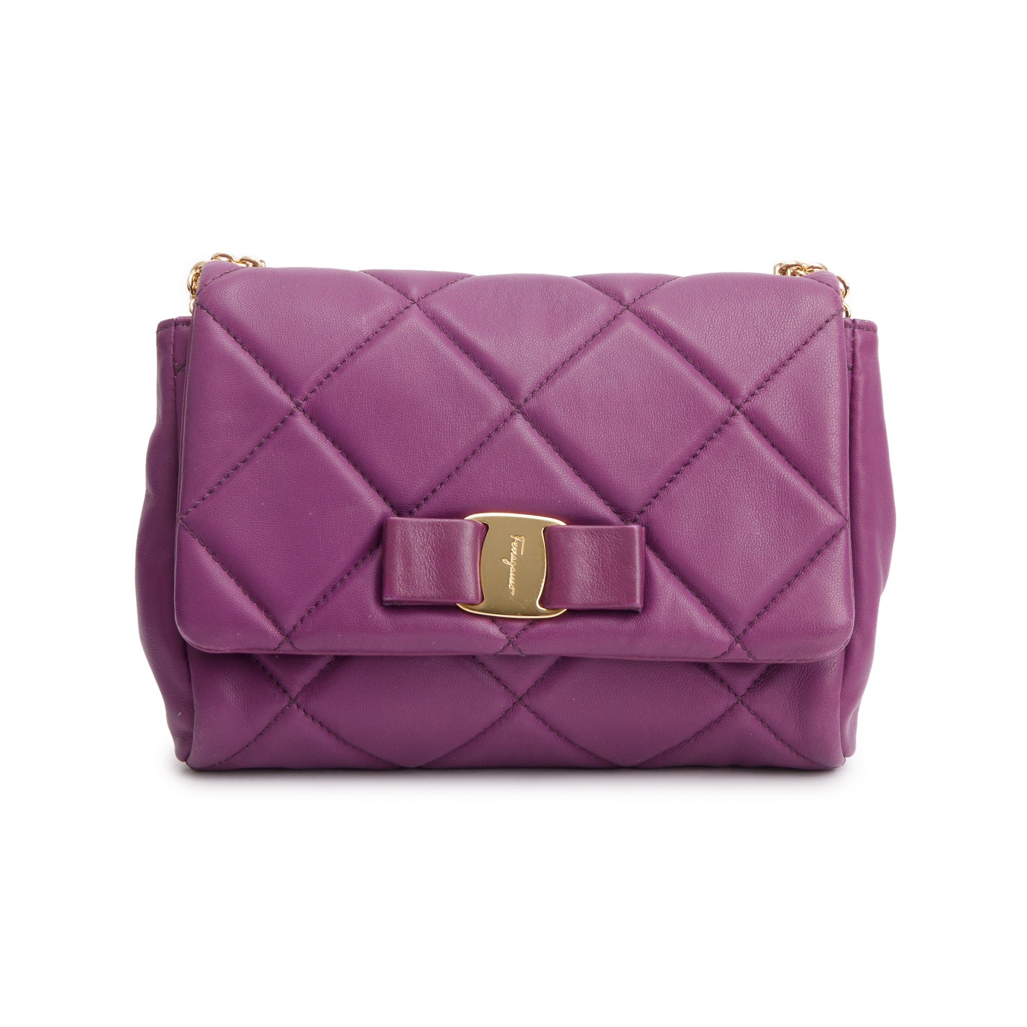 Ferragamo Purple Quilt Soft Leather Miss Vara Bow Crossbody Bag