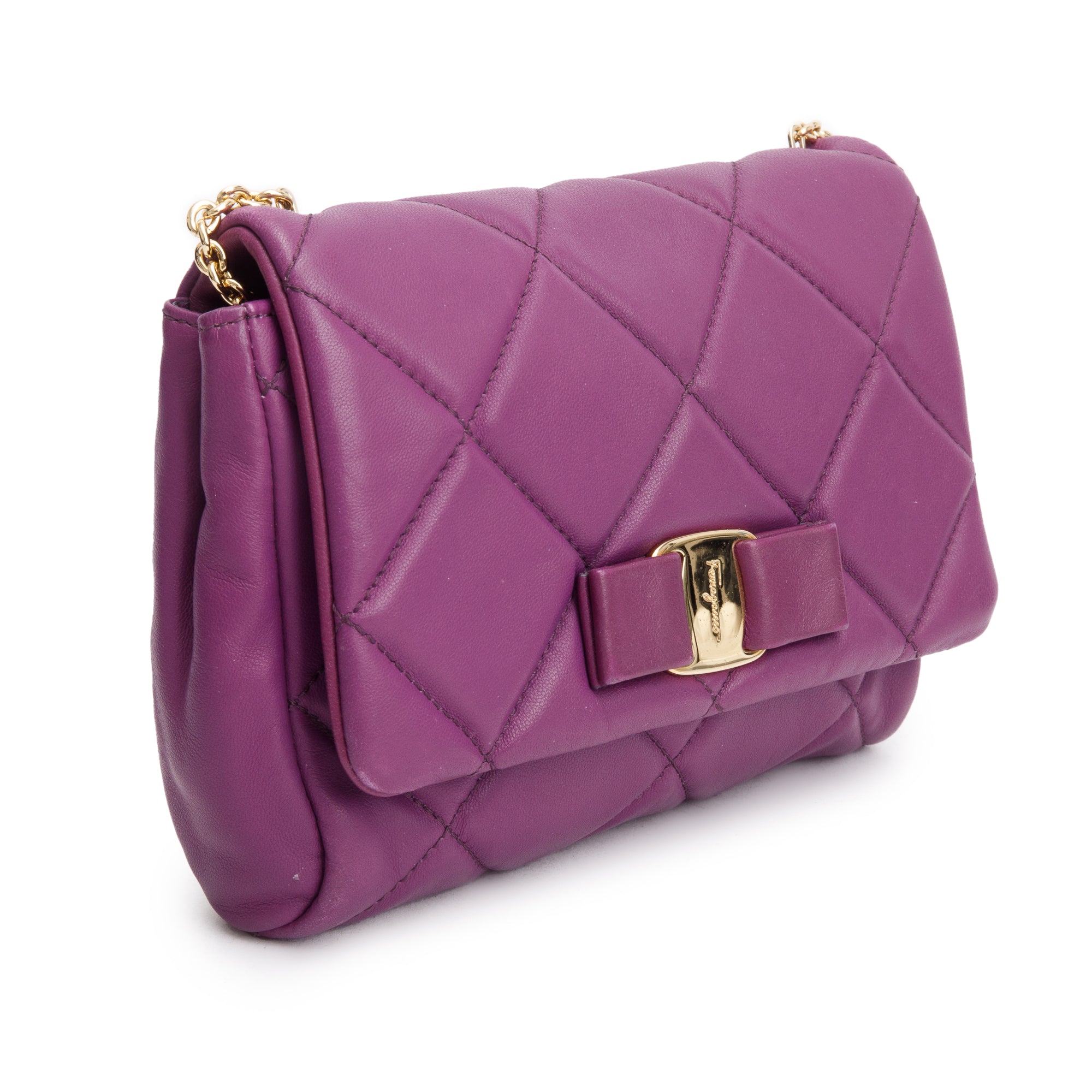 Ferragamo Purple Quilt Soft Leather Miss Vara Bow Crossbody Bag