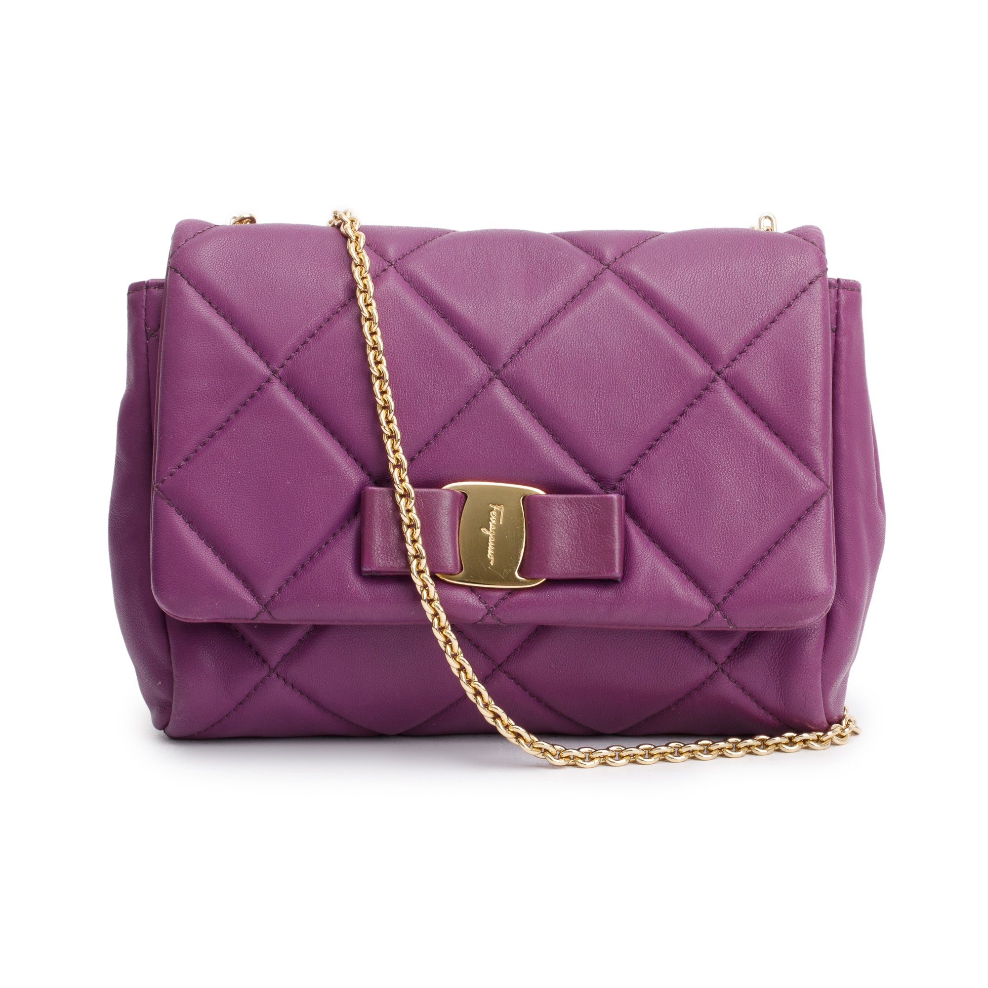 Ferragamo Purple Quilt Soft Leather Miss Vara Bow Crossbody Bag