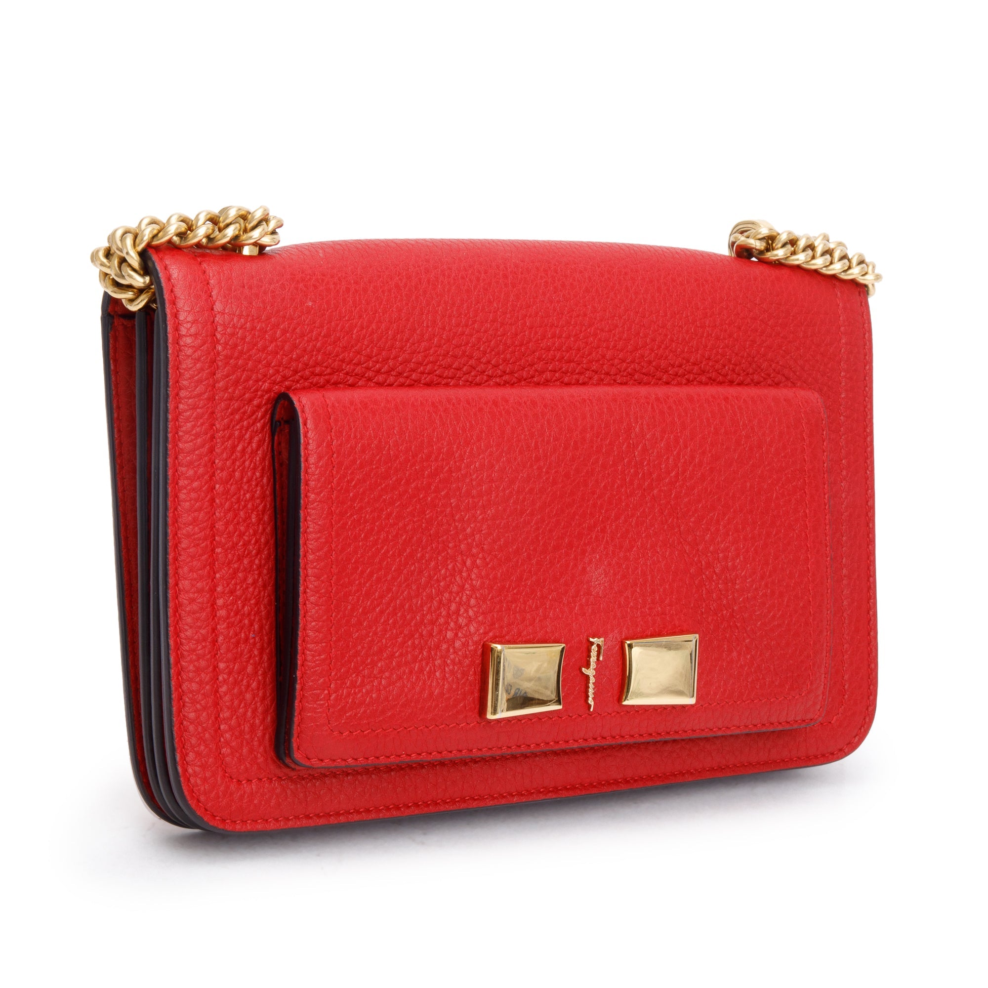 Ferragamo Red Grained Calfskin Leather Medium Ginevra Chain Bag