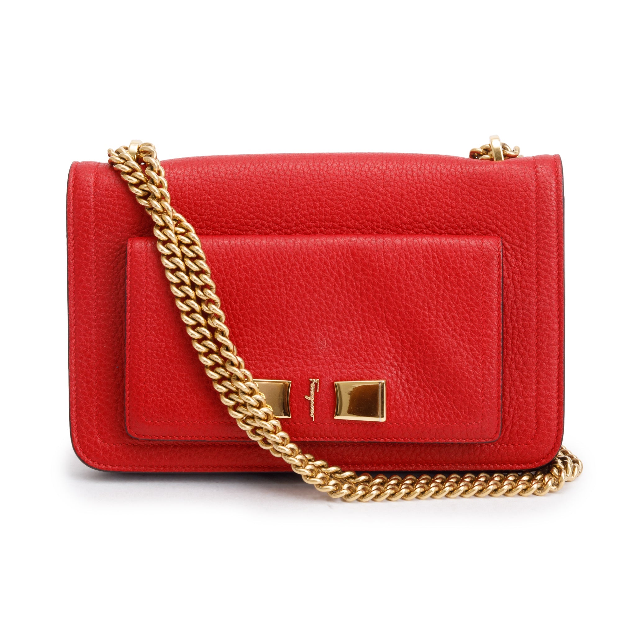 Ferragamo Red Grained Calfskin Leather Medium Ginevra Chain Bag
