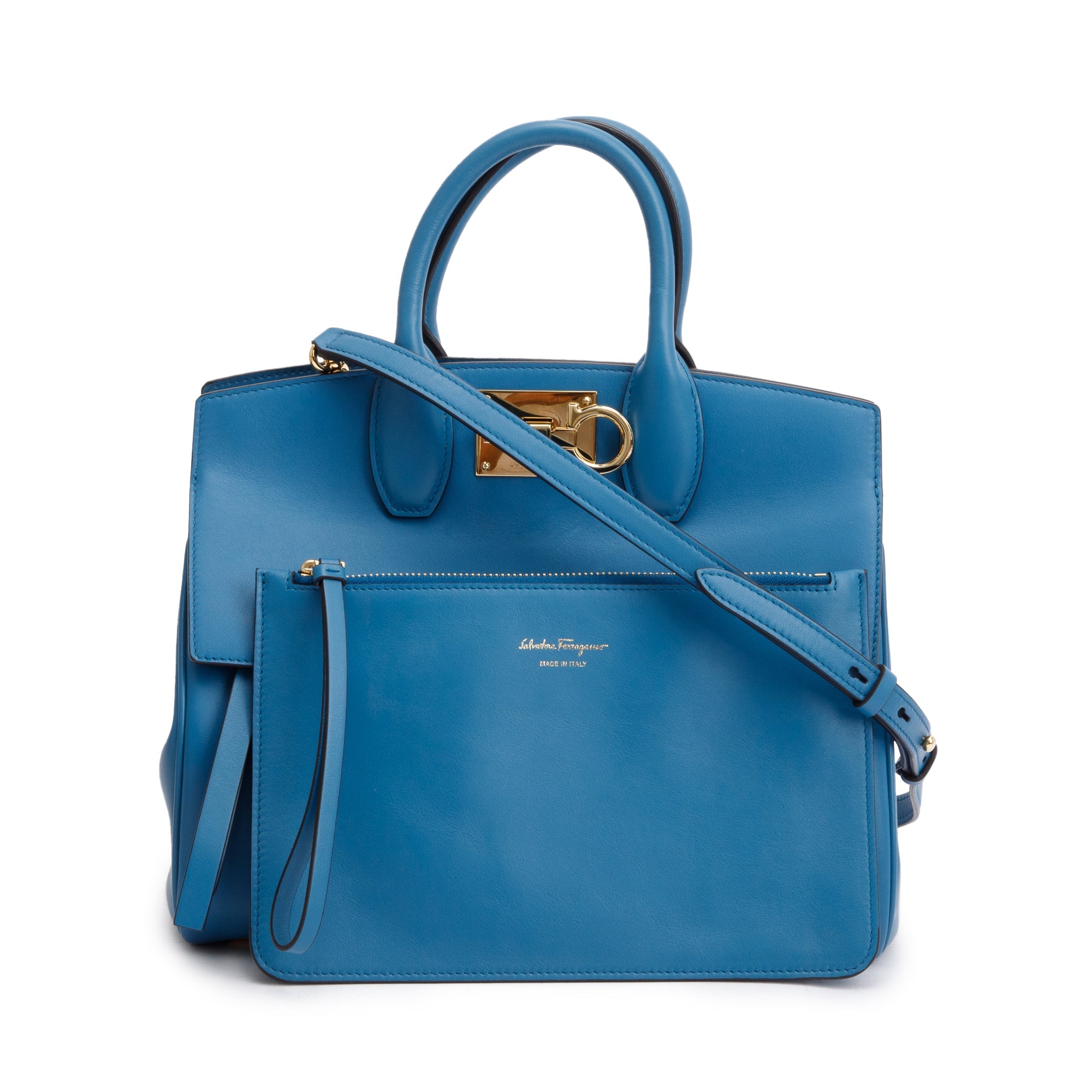 Ferragamo Small Blue Calfskin Studio Soft Bag w/ Pouch & Strap