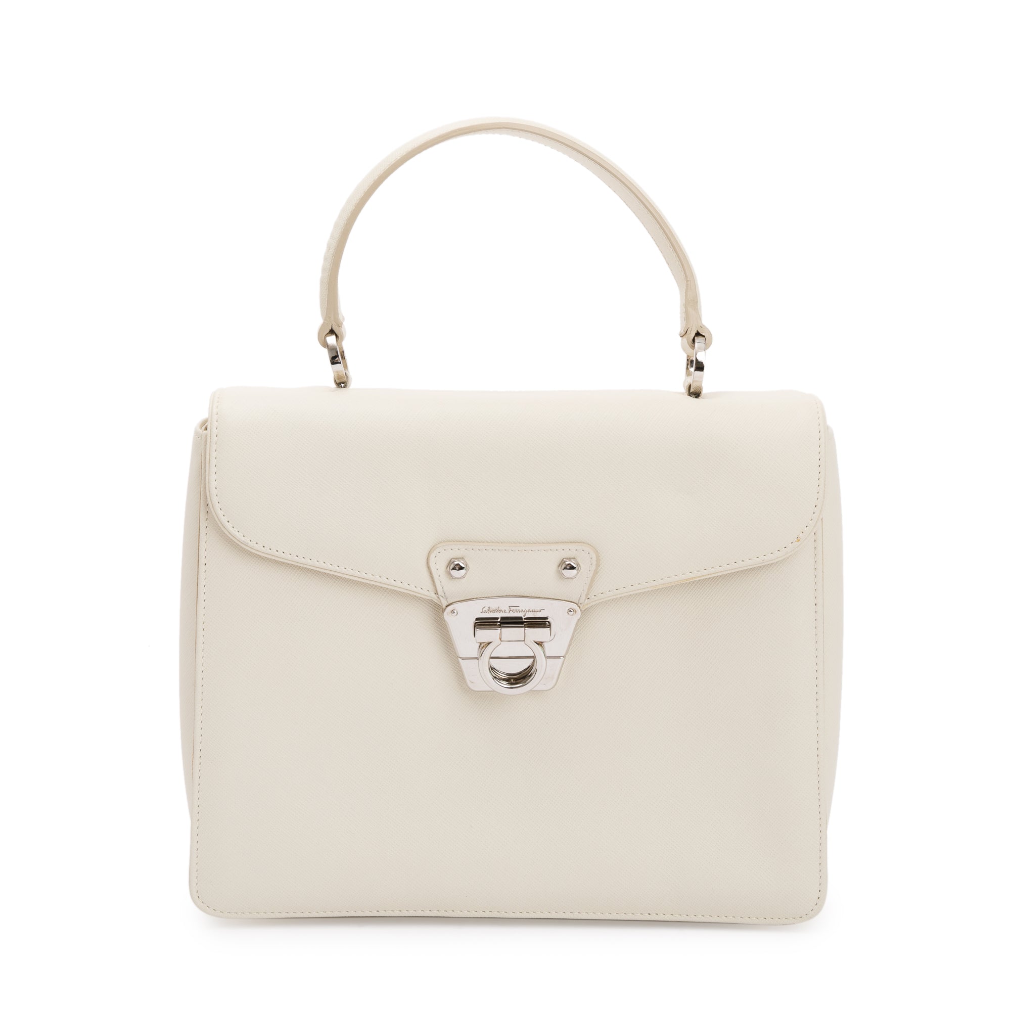 Ferragamo White Grained Leather Gancini Top Handle w/ Strap