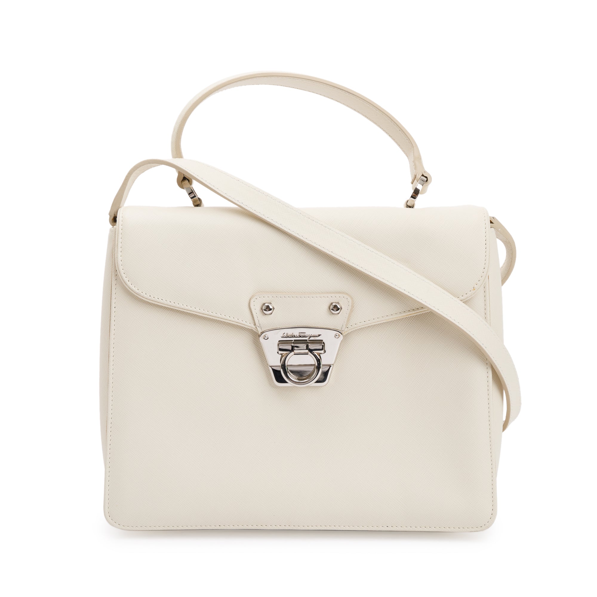 Ferragamo White Grained Leather Gancini Top Handle w/ Strap