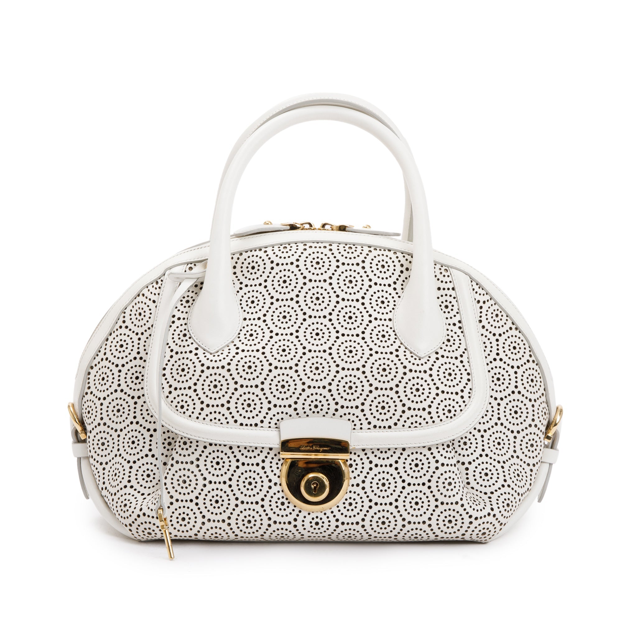 Ferragamo White Perforated Calfskin Leather Fiamma Bag w/ Strap